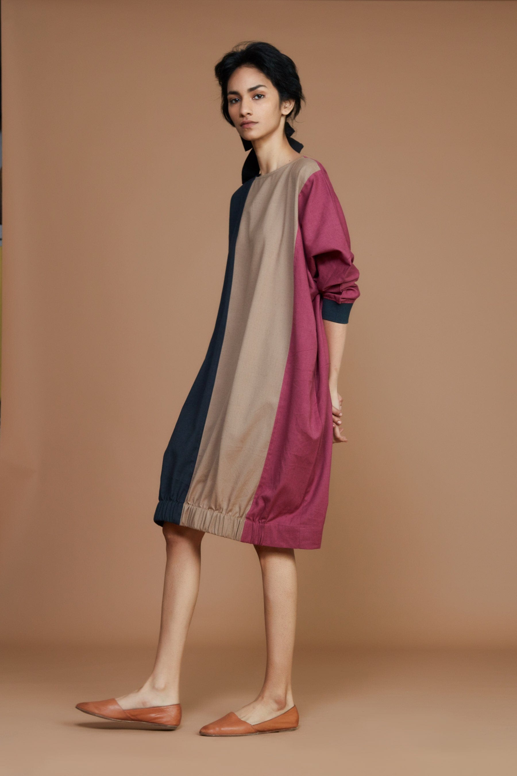 Handwoven cotton colour block oversized shift dress in mauve, charcoal and beige with Azo-free dye, by MATI India