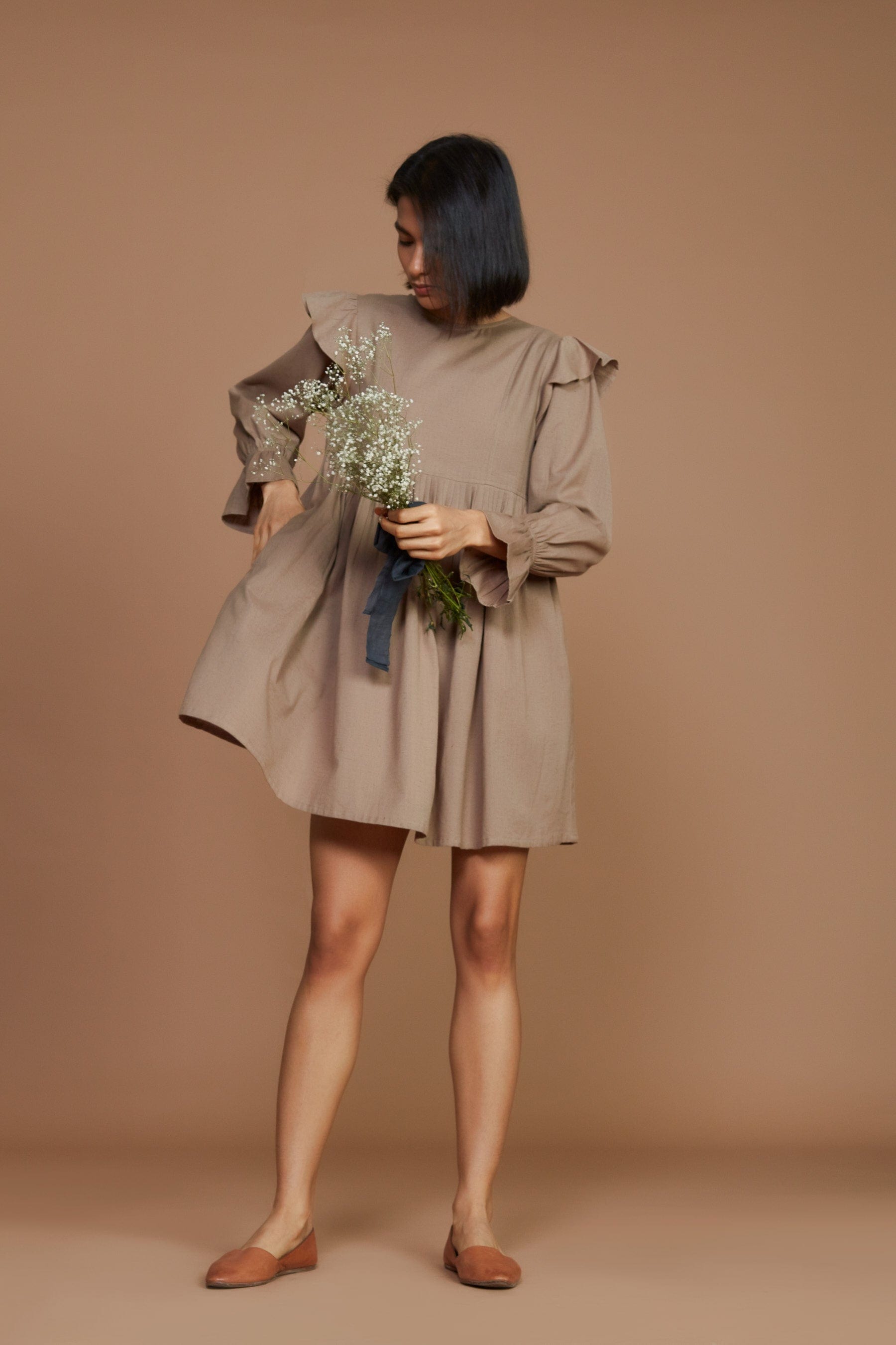 Handcrafted from Handwoven Organic Cotton, Brown Short Dress for Women by Sustainable Fashion Designer Clothing Label MATI