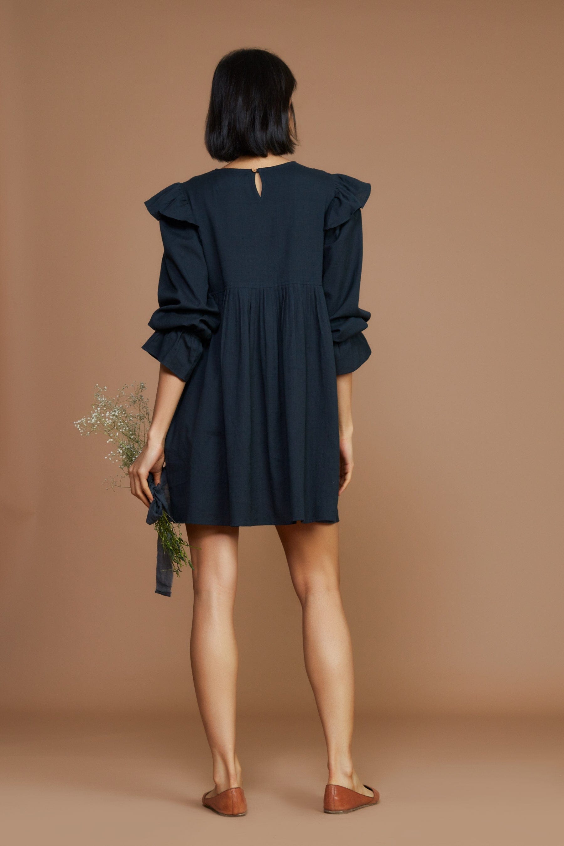 Handcrafted from Handwoven Organic Cotton, Black Short Dress for Women by Sustainable Fashion Designer Clothing Label MATI
