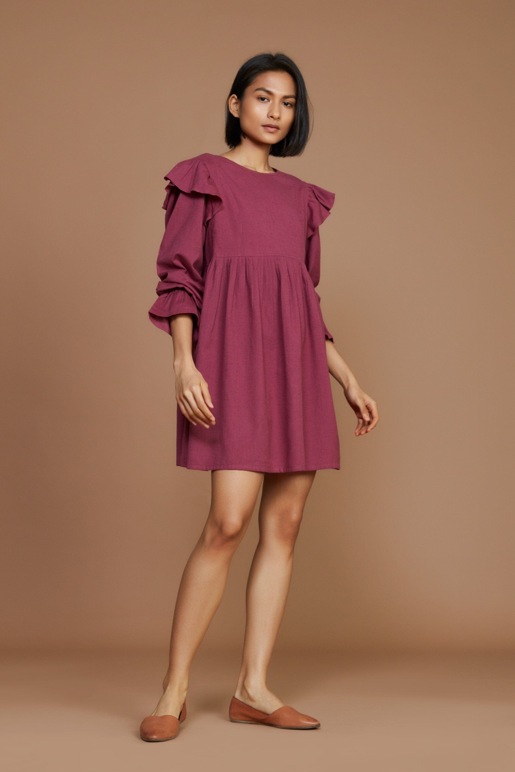 Handcrafted from Handwoven Organic Cotton, Mauve Short Dress for Women by Sustainable Fashion Designer Clothing Label MATI