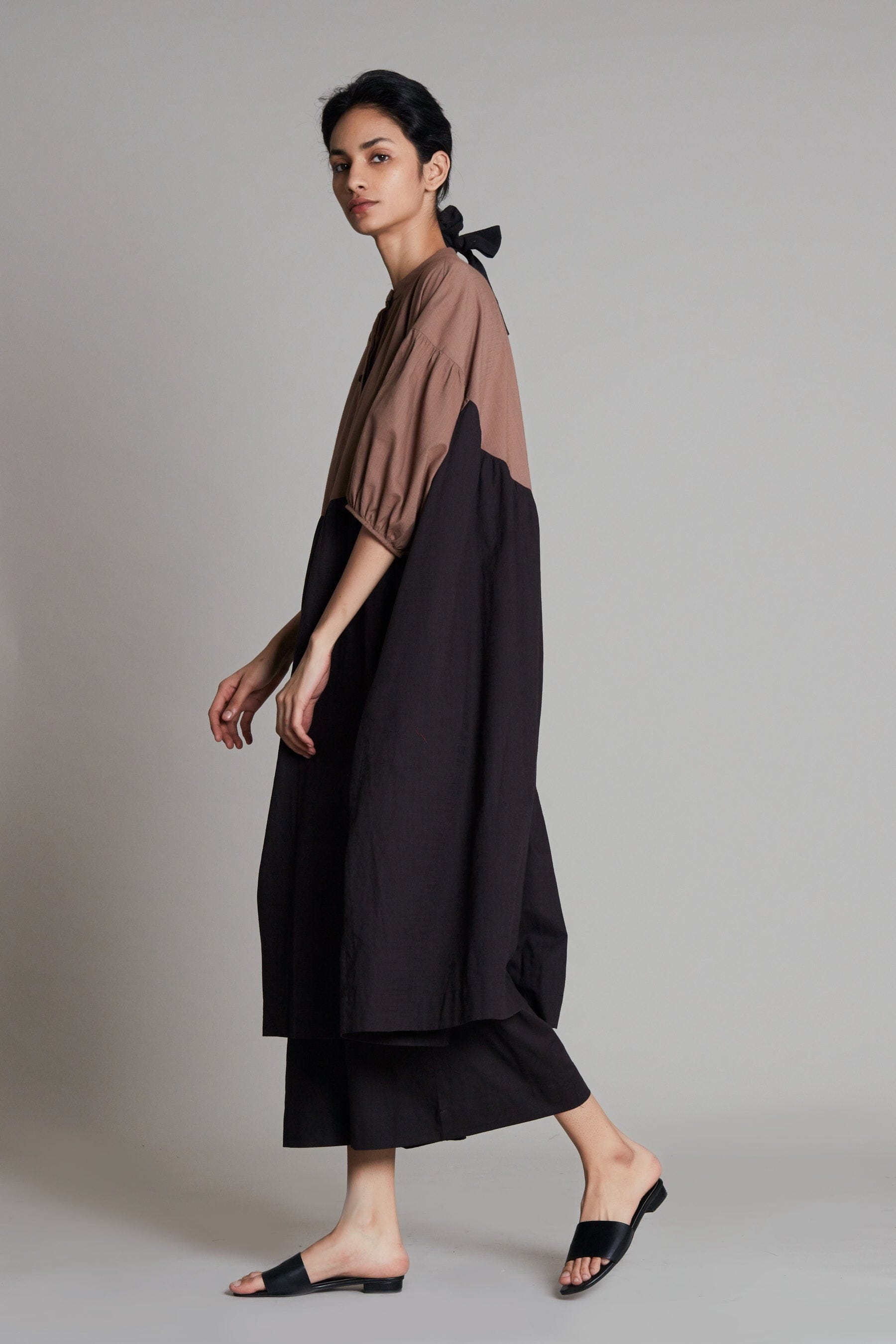 Handcrafted from Handwoven Cotton, Beige & Black Oversized or Plus Sized Dress for Women by Sustainable Fashion Clothing Label MATI