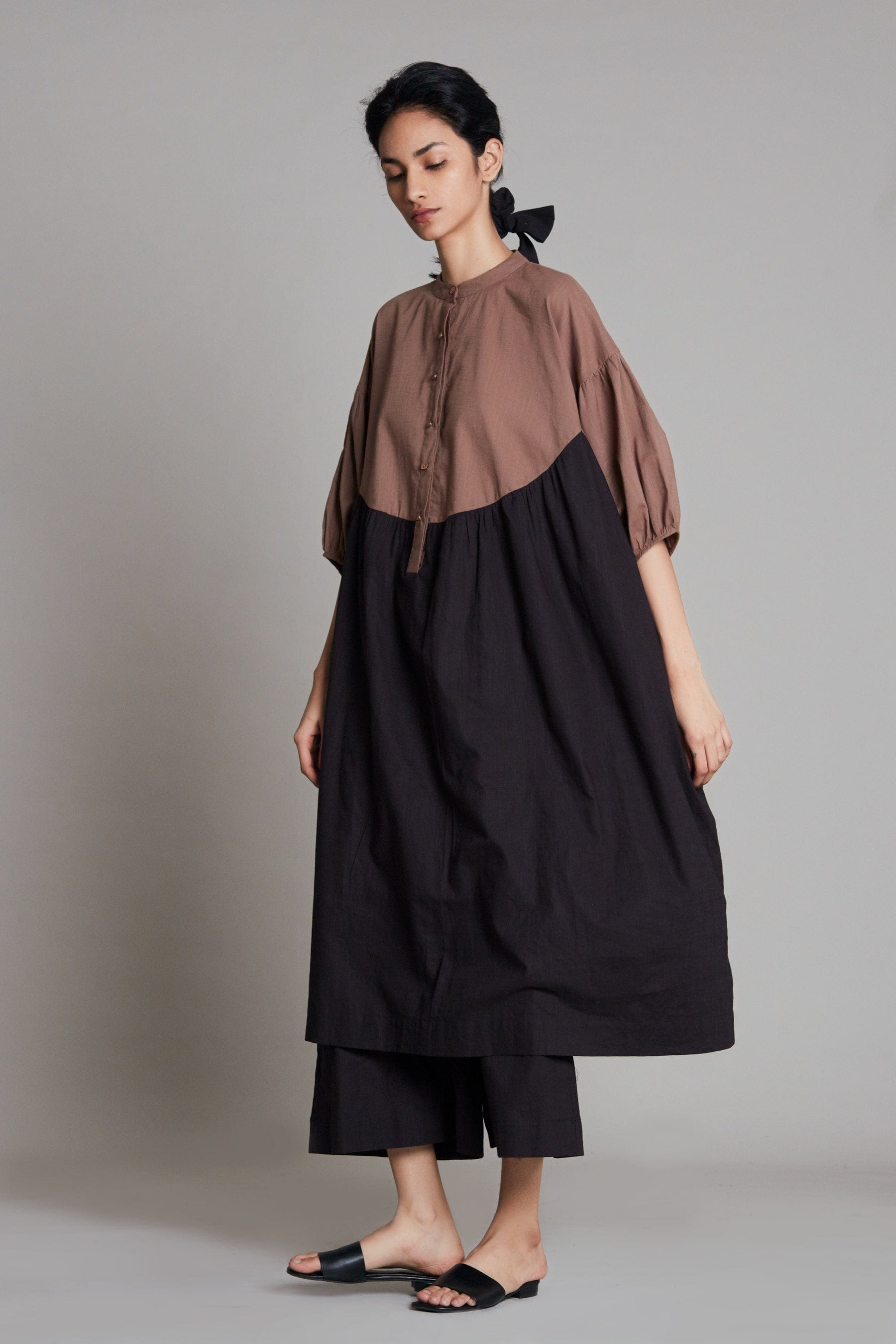 Handcrafted from Handwoven Cotton, Beige & Black Oversized or Plus Sized Dress for Women by Sustainable Fashion Clothing Label MATI