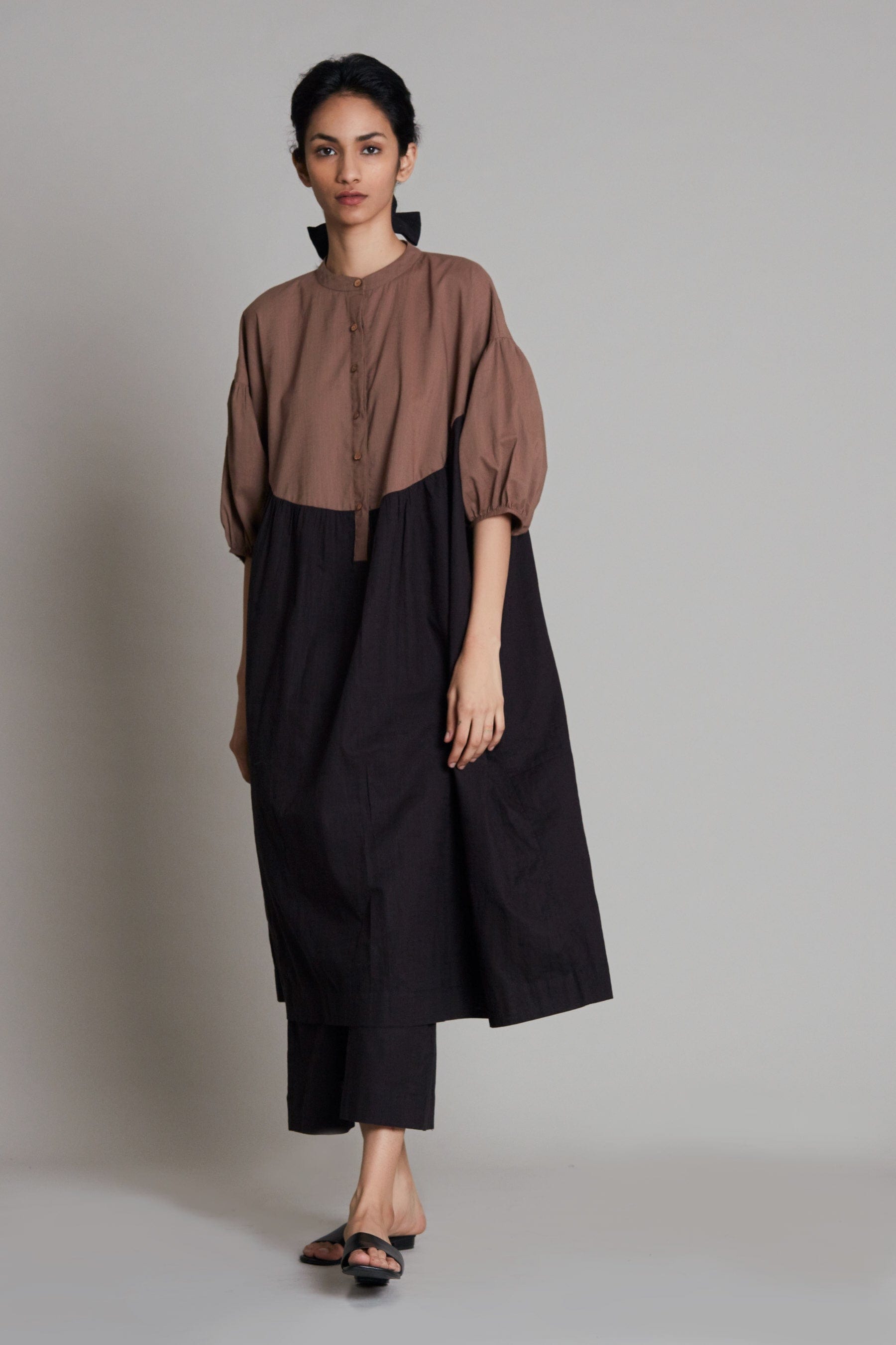 Handcrafted from Handwoven Cotton, Beige & Black Oversized or Plus Sized Dress for Women by Sustainable Fashion Clothing Label MATI