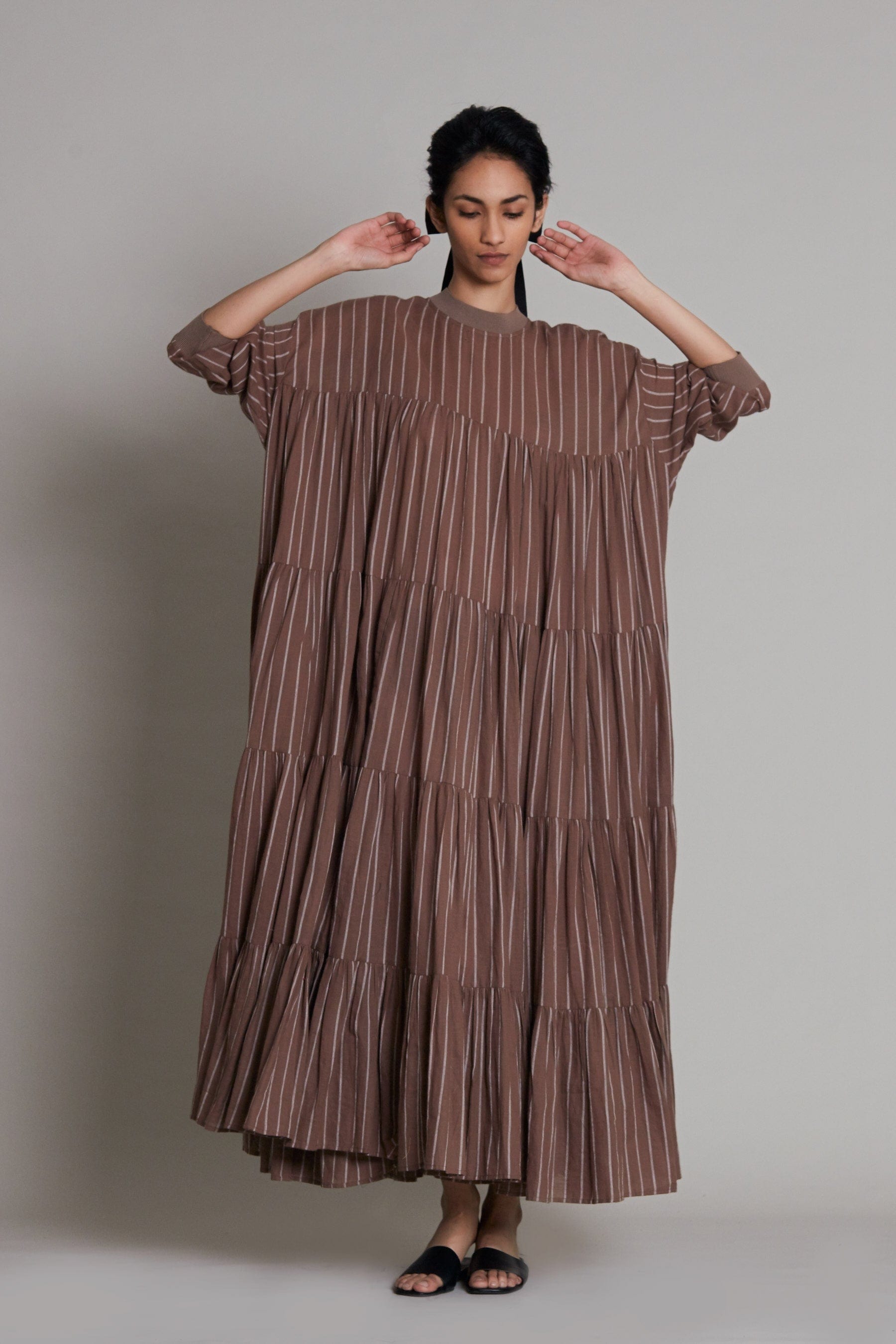 Handcrafted from Handwoven Organic Cotton, Striped Beige Tiered Dress for Women by Sustainable Fashion Clothing Label MATI