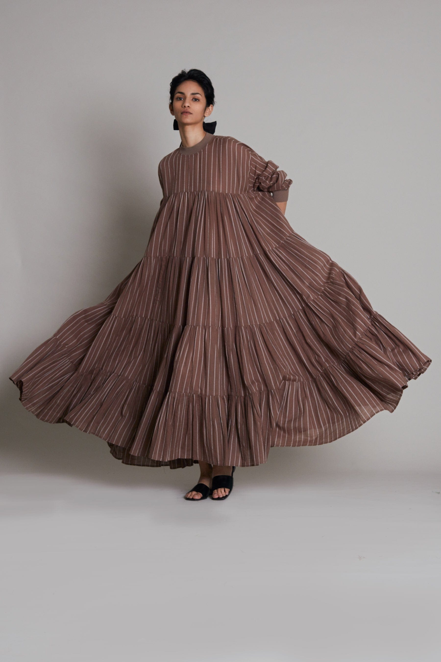 Handcrafted from Handwoven Organic Cotton, Striped Beige Tiered Dress for Women by Sustainable Fashion Clothing Label MATI