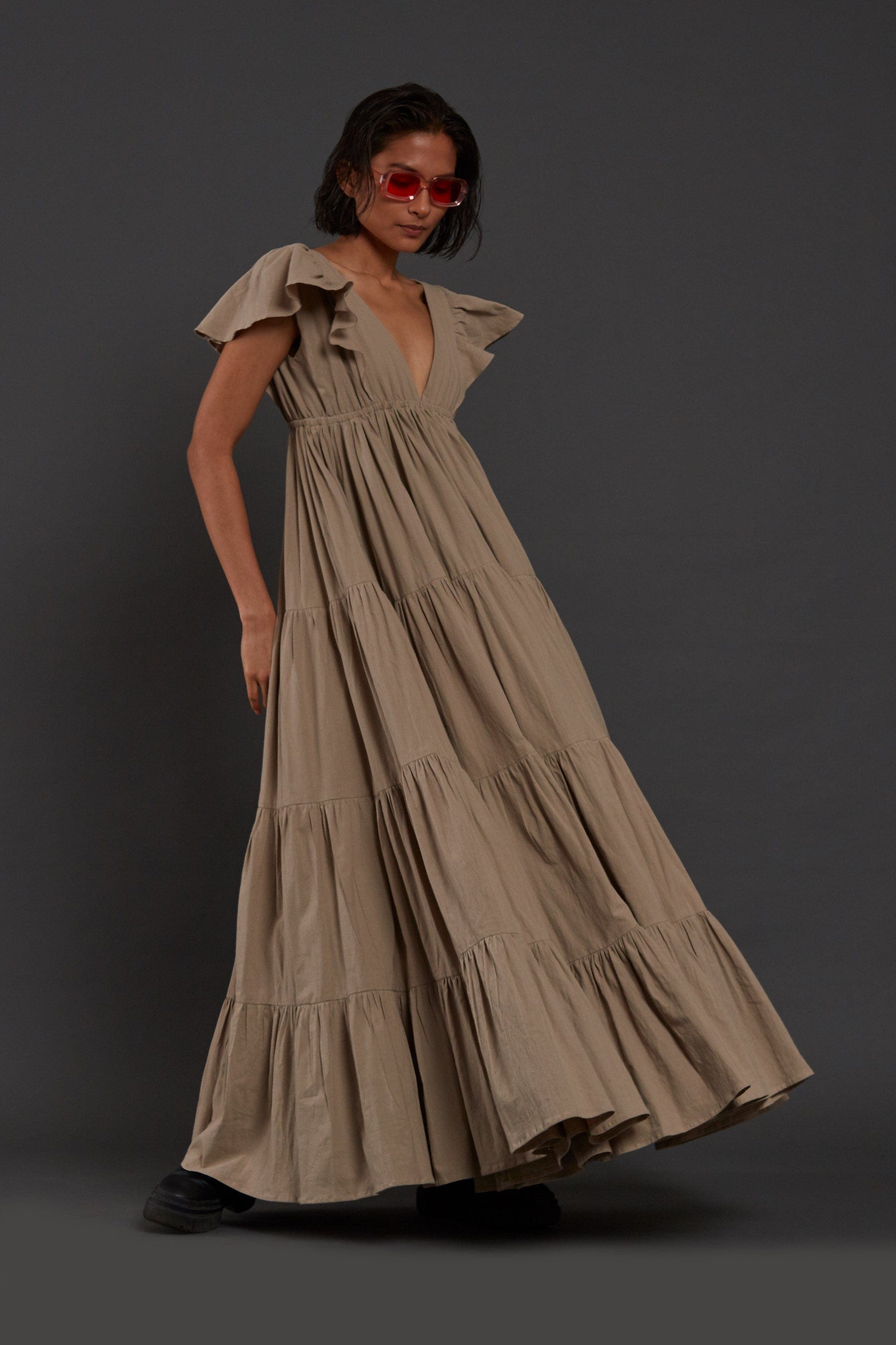 Handcrafted from Handwoven Organic Cotton Beige Gown Dress for Women by Sustainable Fashion Clothing Label MATI