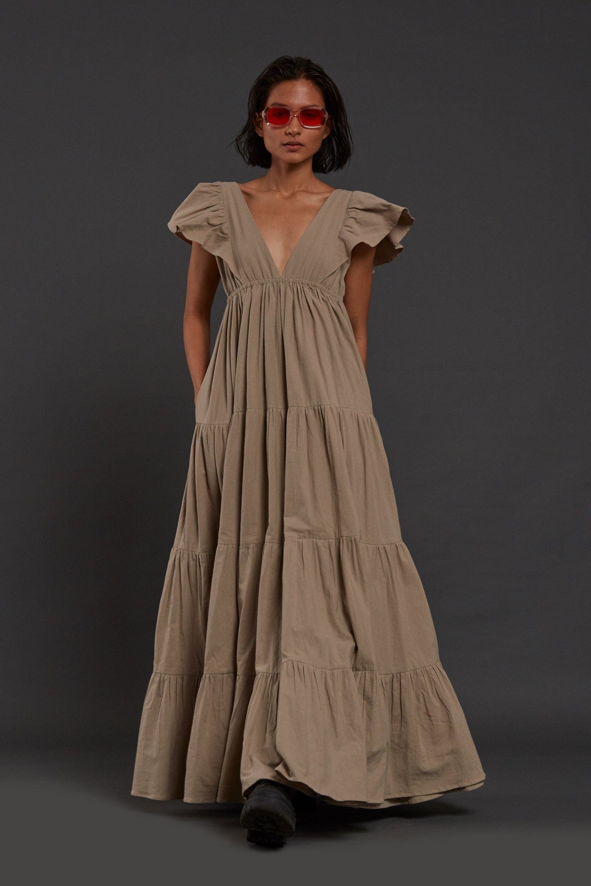 Handcrafted from Handwoven Organic Cotton Beige Gown Dress for Women by Sustainable Fashion Clothing Label MATI