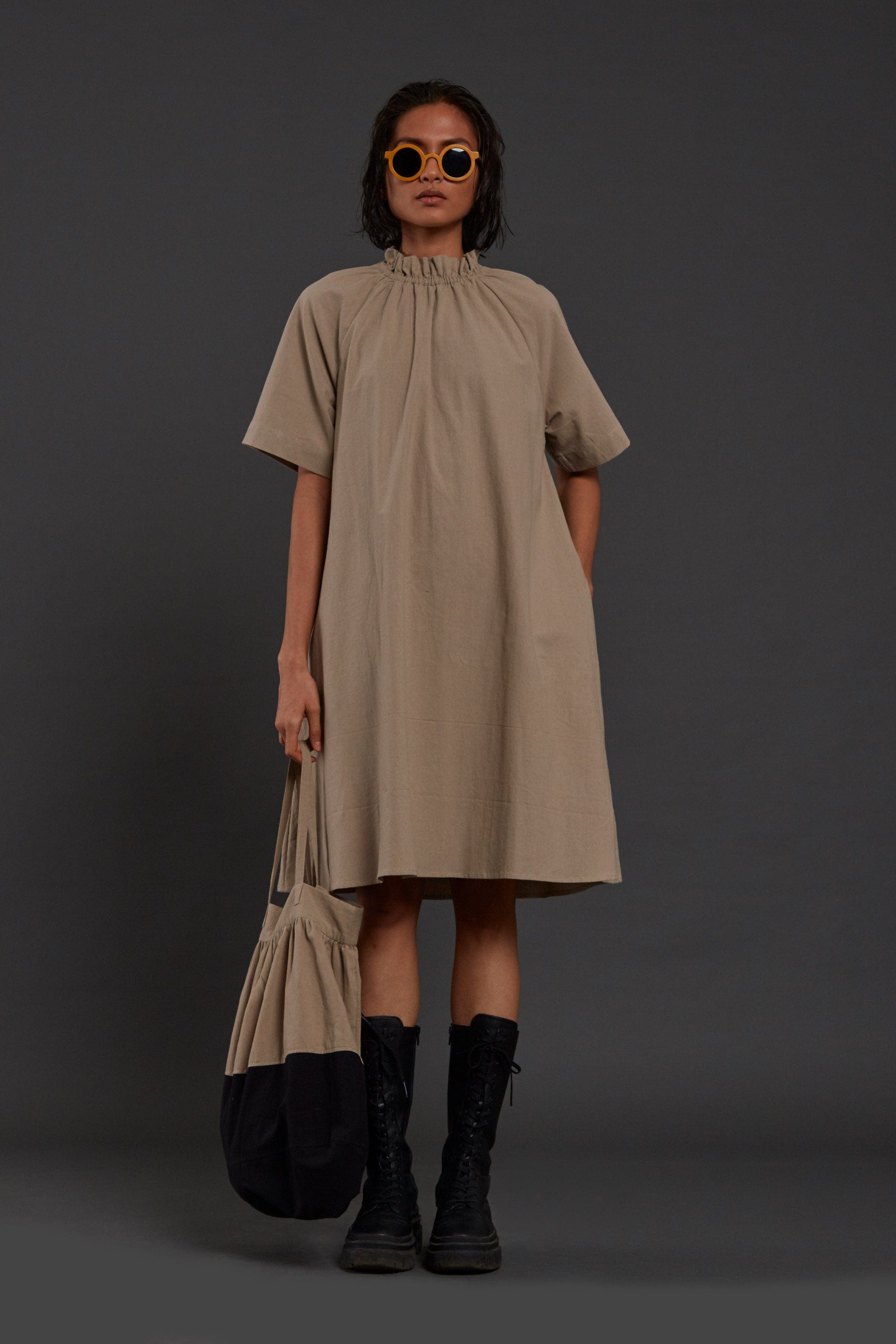 Handcrafted from Handwoven Organic Cotton Beige Tora Dresses for Women, by Sustainable Fashion Designer Clothing Label MATI