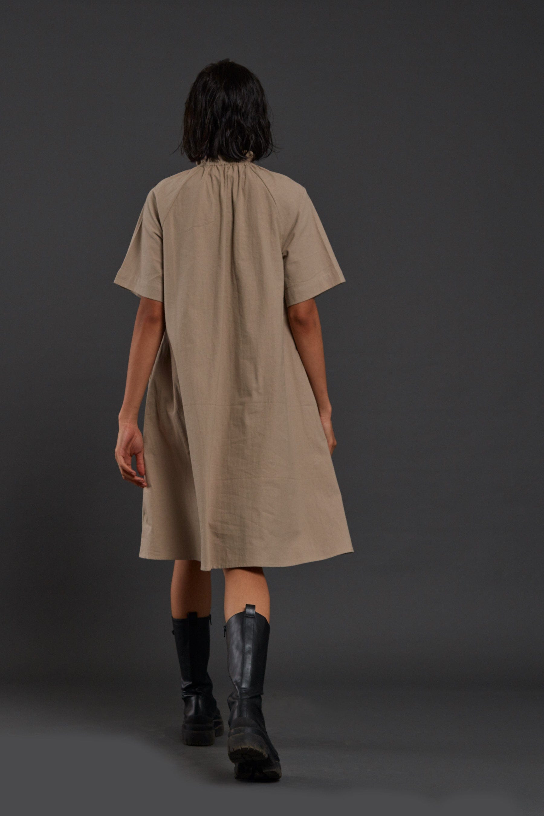 Handcrafted from Handwoven Organic Cotton Beige Tora Dresses for Women, by Sustainable Fashion Designer Clothing Label MATI