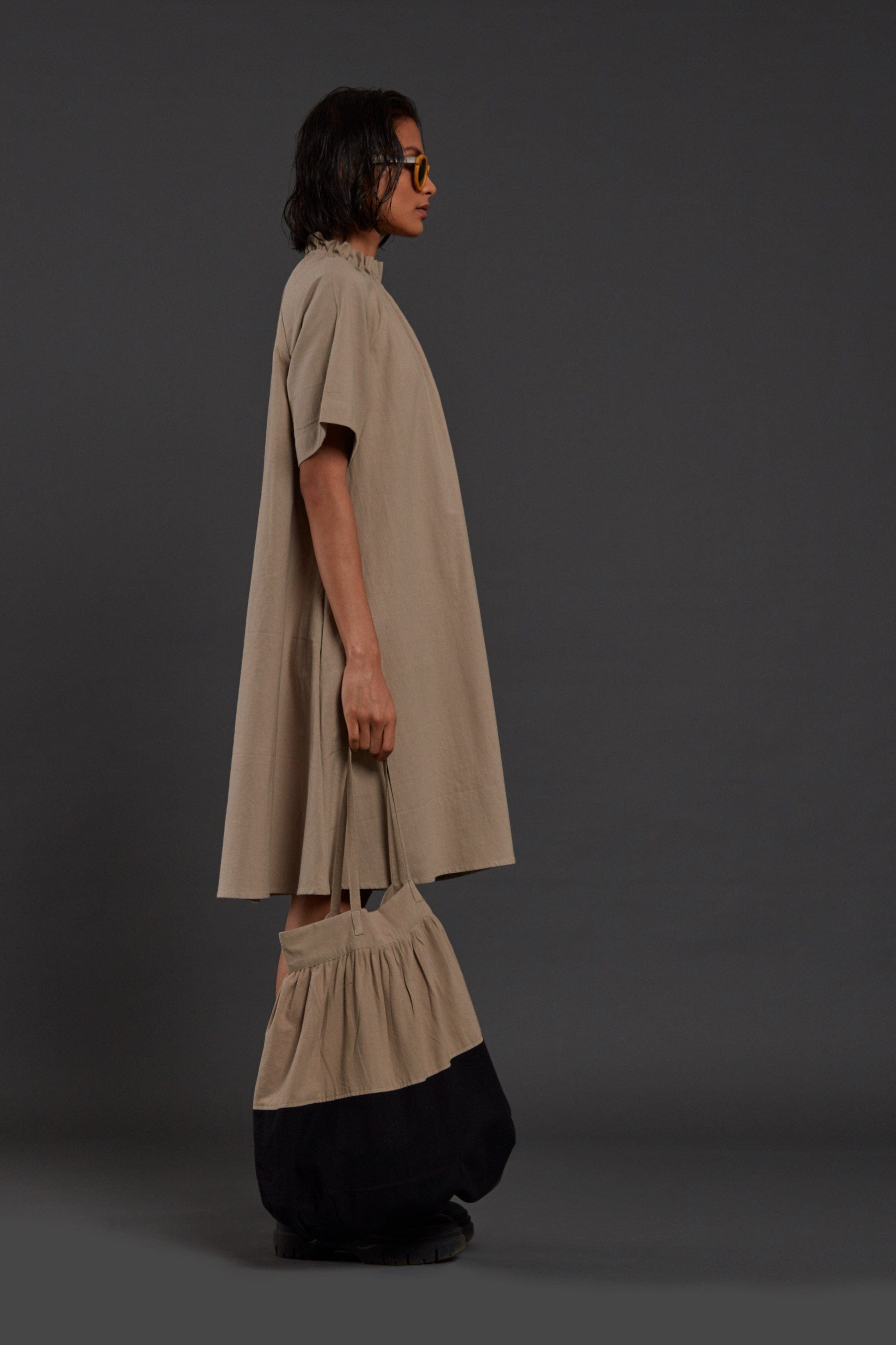 Handcrafted from Handwoven Organic Cotton Beige Tora Dresses for Women, by Sustainable Fashion Designer Clothing Label MATI