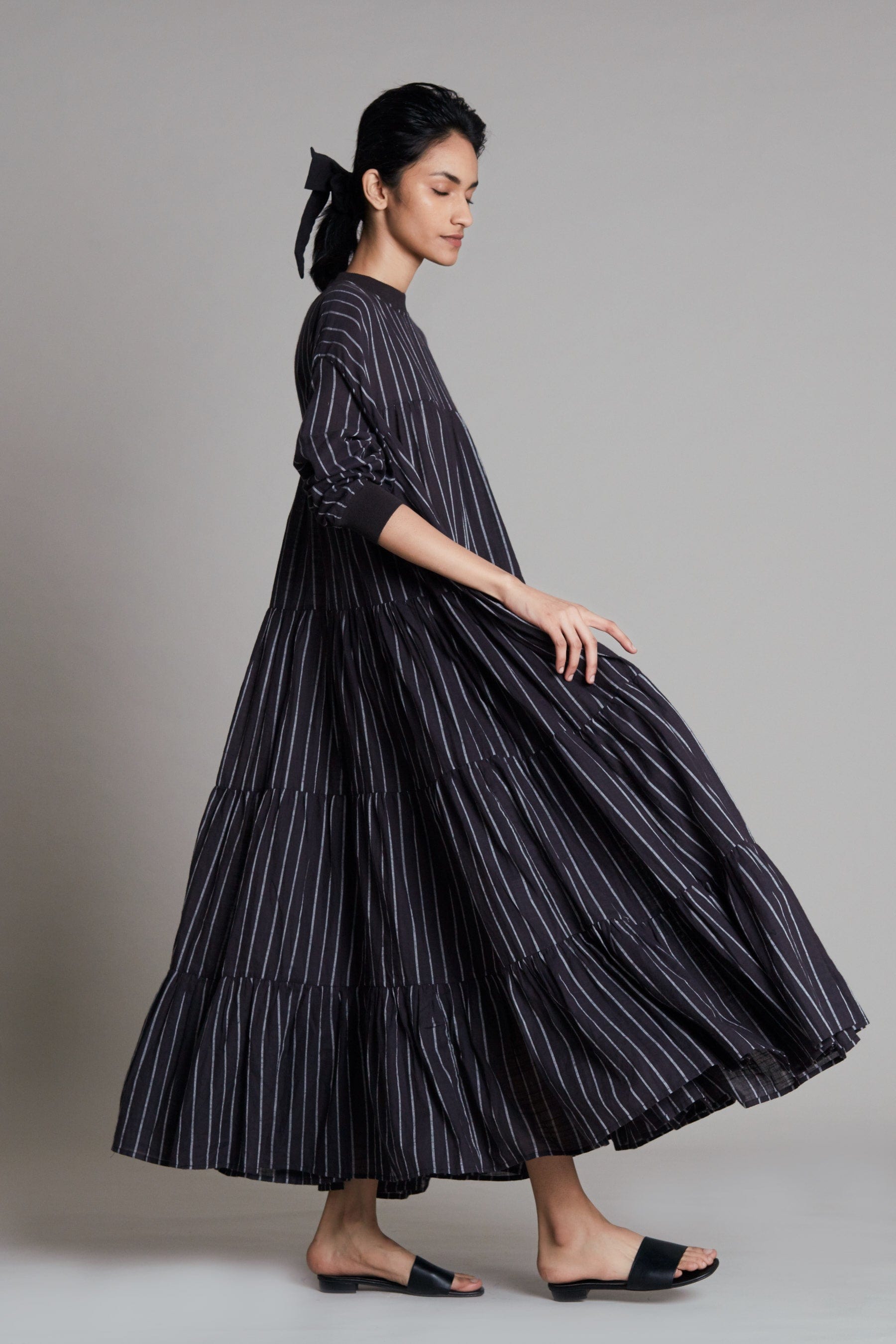 Handcrafted from Handwoven Organic Cotton, Striped Black Tiered Maxi Dress for Women by Sustainable Fashion Clothing Label MATI