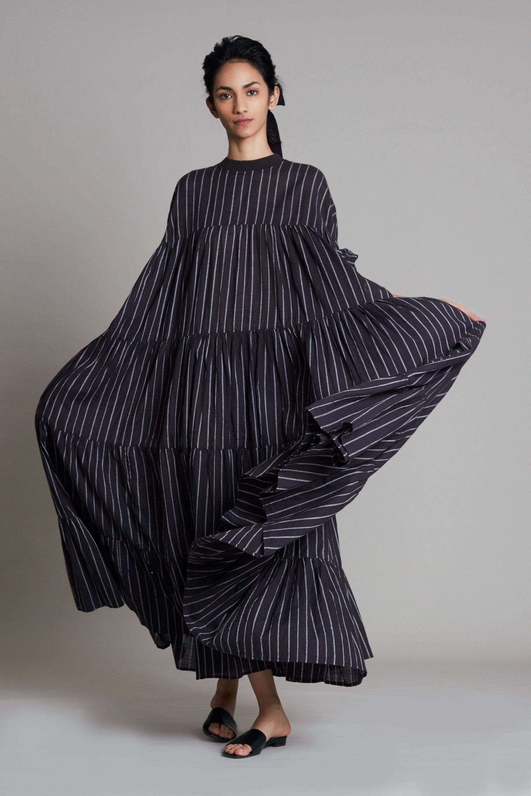 Handcrafted from Handwoven Organic Cotton, Striped Black Tiered Maxi Dress for Women by Sustainable Fashion Clothing Label MATI