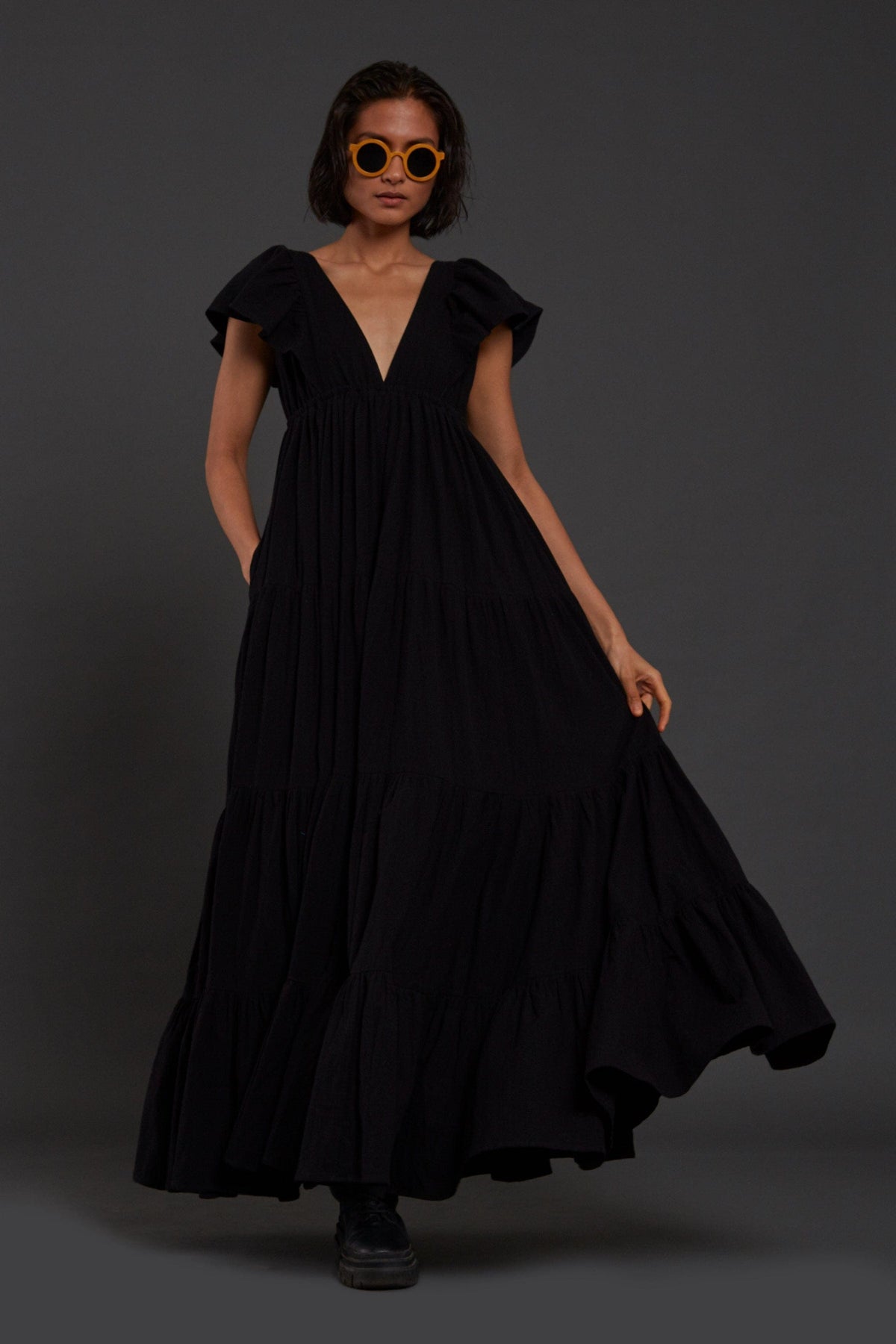 Handcrafted from Handwoven Organic Cotton Black Gown Dress for Women by Sustainable Fashion Clothing Label MATI
