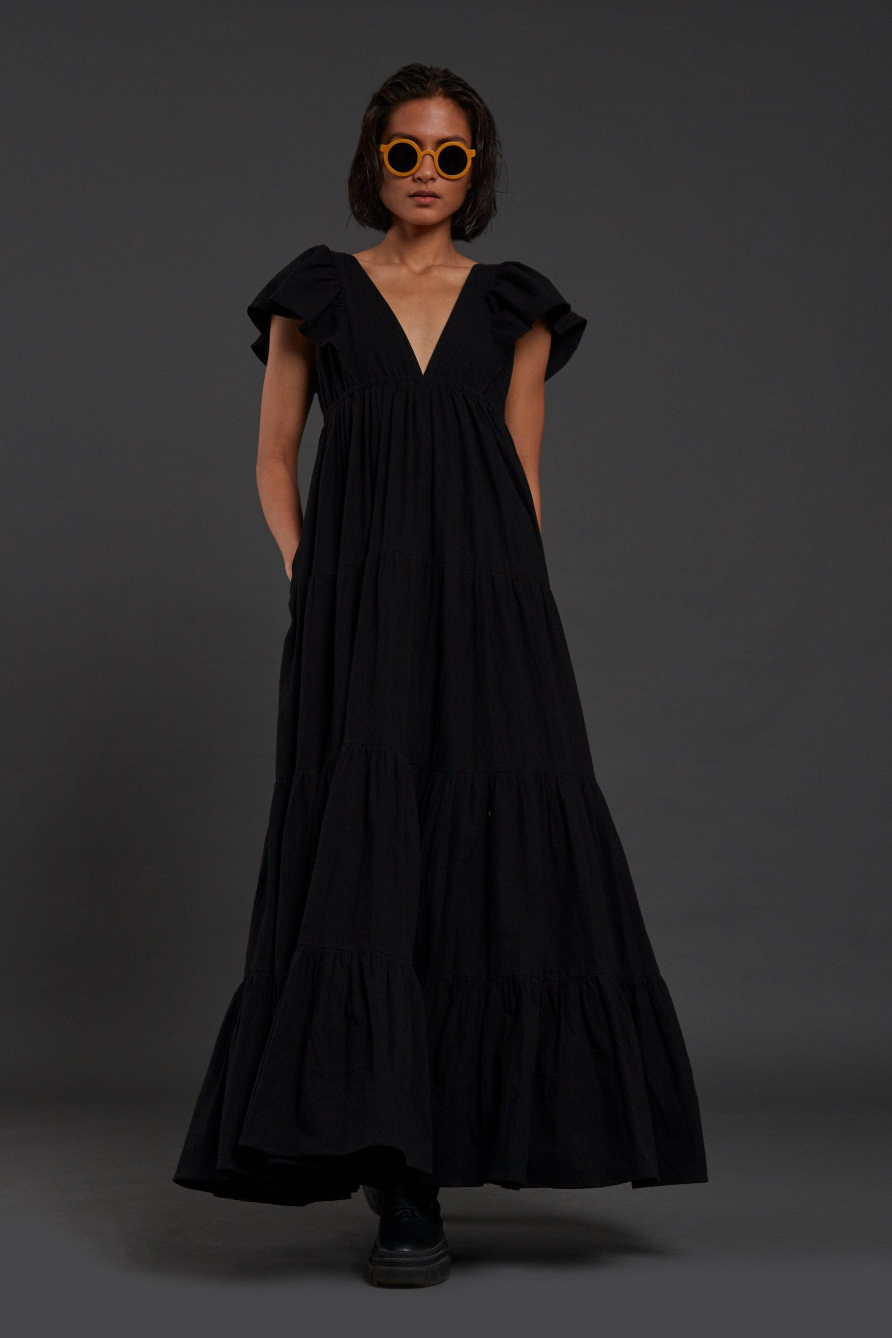 Handcrafted from Handwoven Organic Cotton Black Gown Dress for Women by Sustainable Fashion Clothing Label MATI