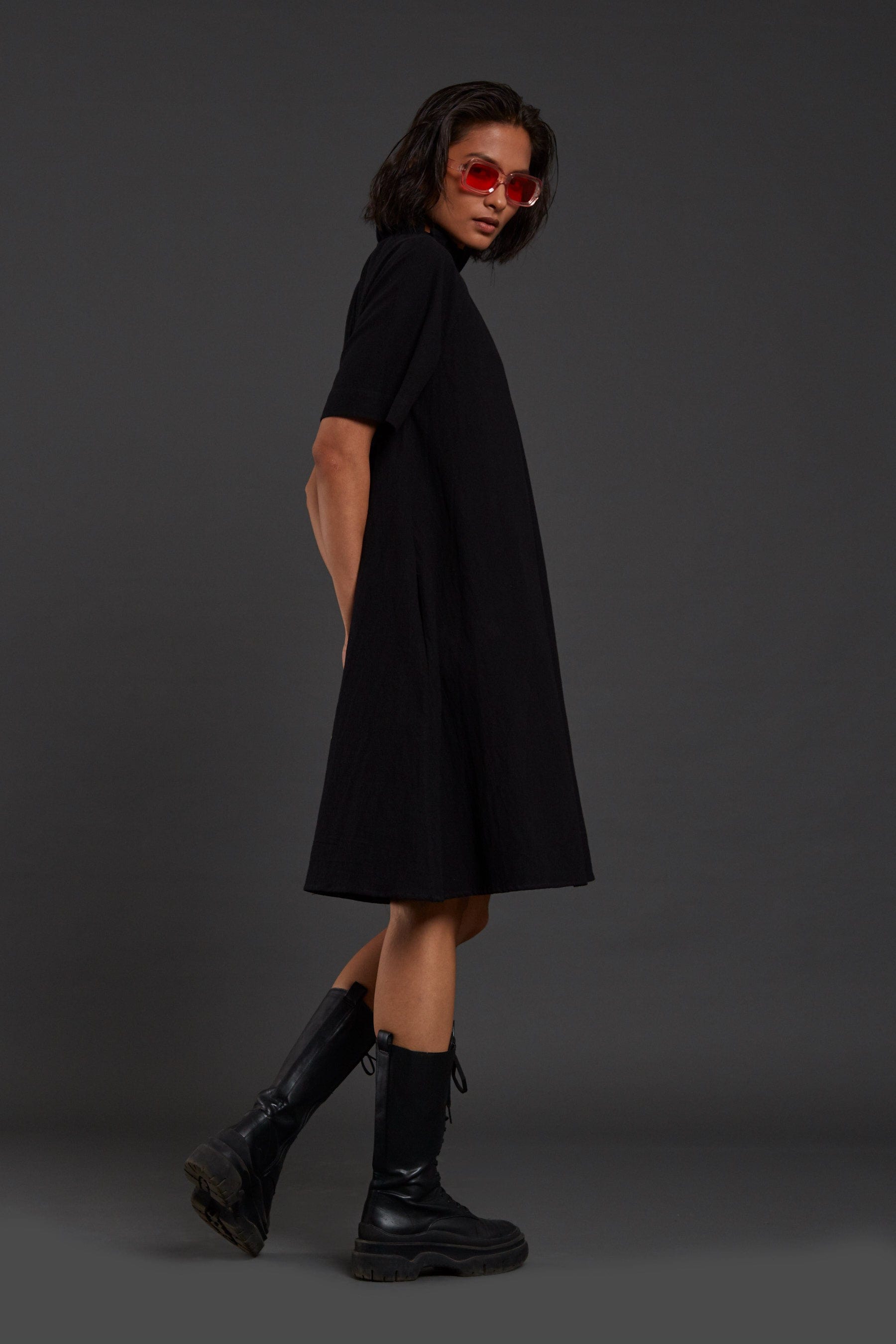 Handcrafted from Handwoven Organic Cotton Black Tora Dresses for Women, by Sustainable Fashion Designer Clothing Label MATI