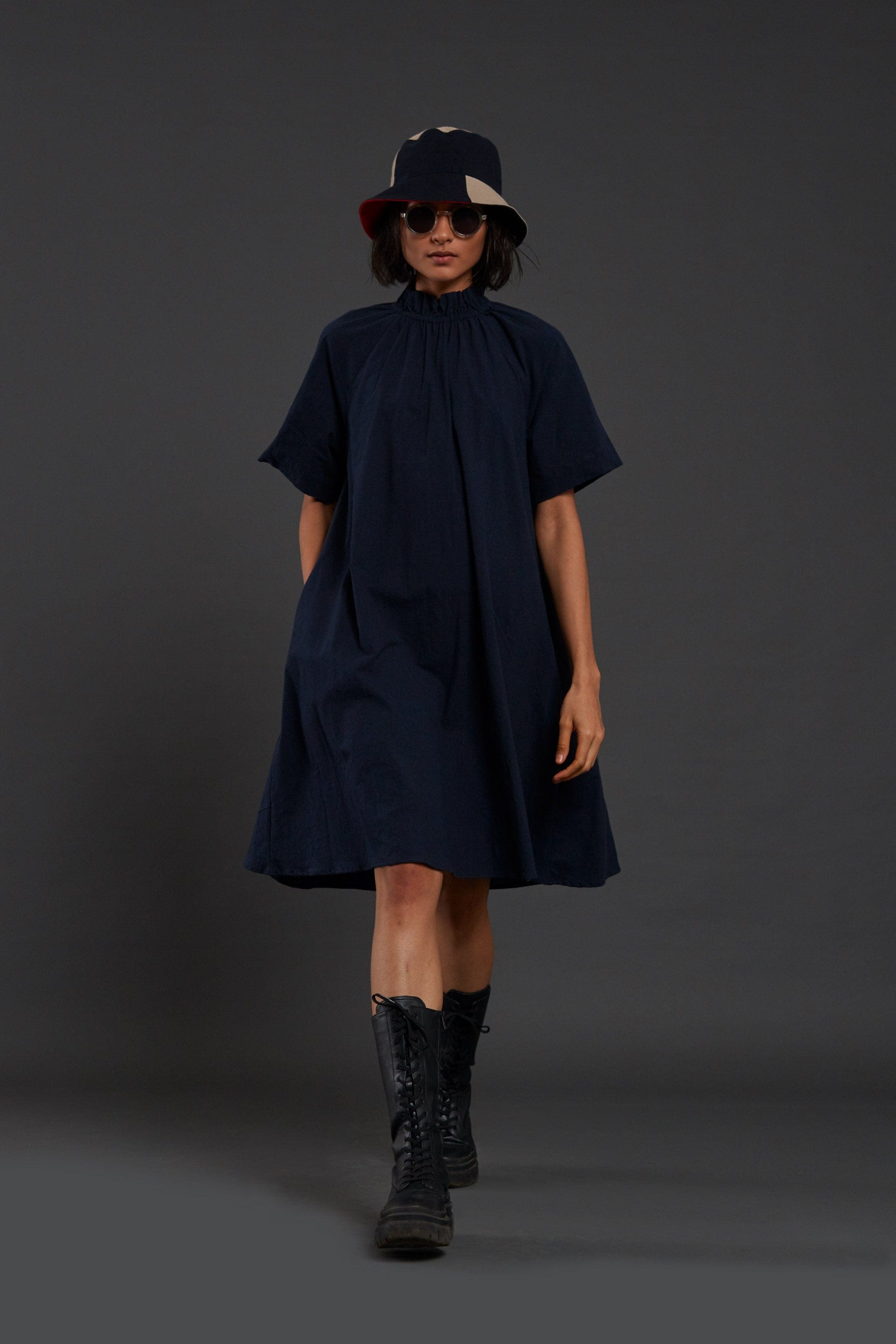 Handcrafted from Handwoven Organic Cotton Navy Blue Tora Dresses for Women, by Sustainable Fashion Designer Clothing Label MATI