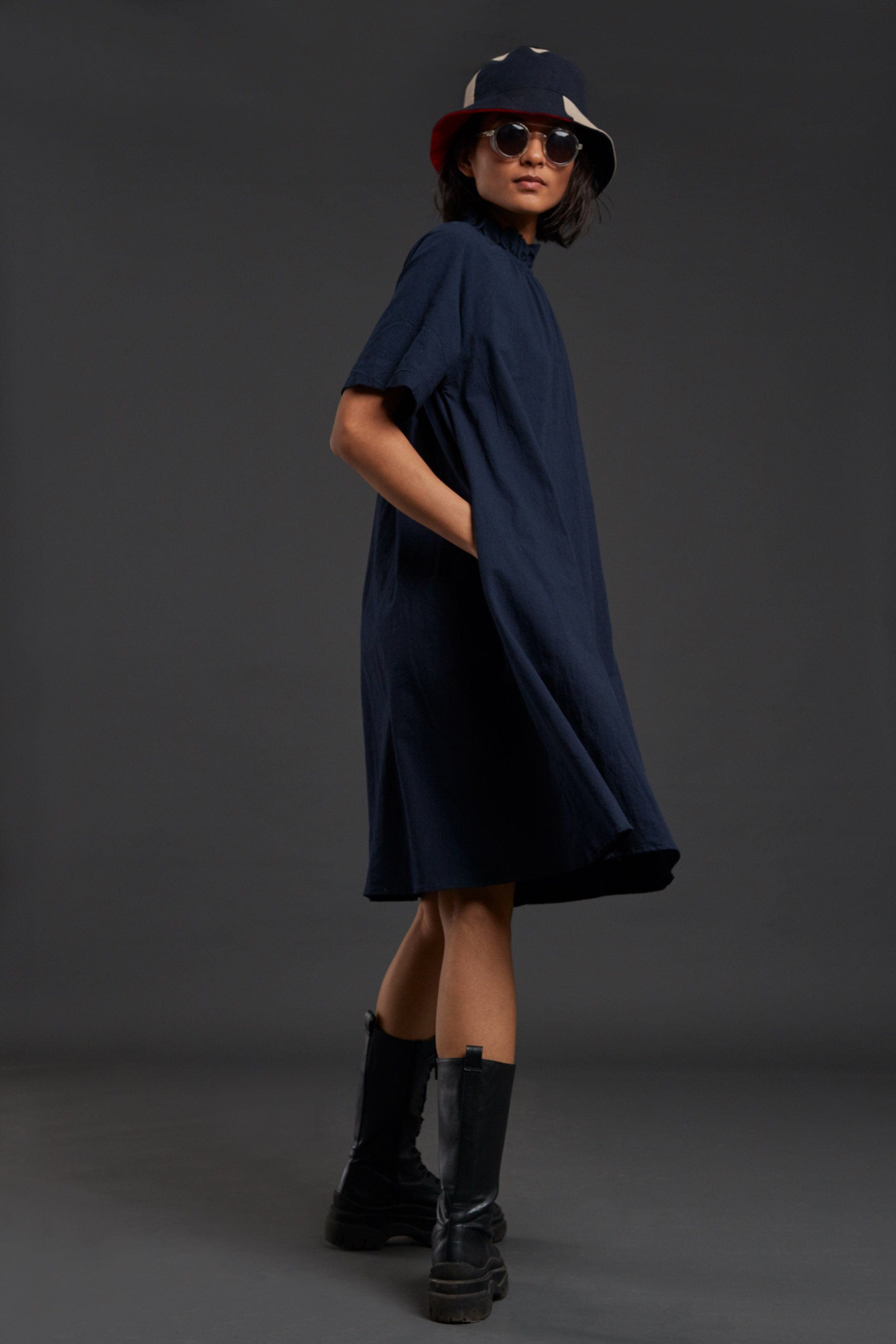 Handcrafted from Handwoven Organic Cotton Navy Blue Tora Dresses for Women, by Sustainable Fashion Designer Clothing Label MATI