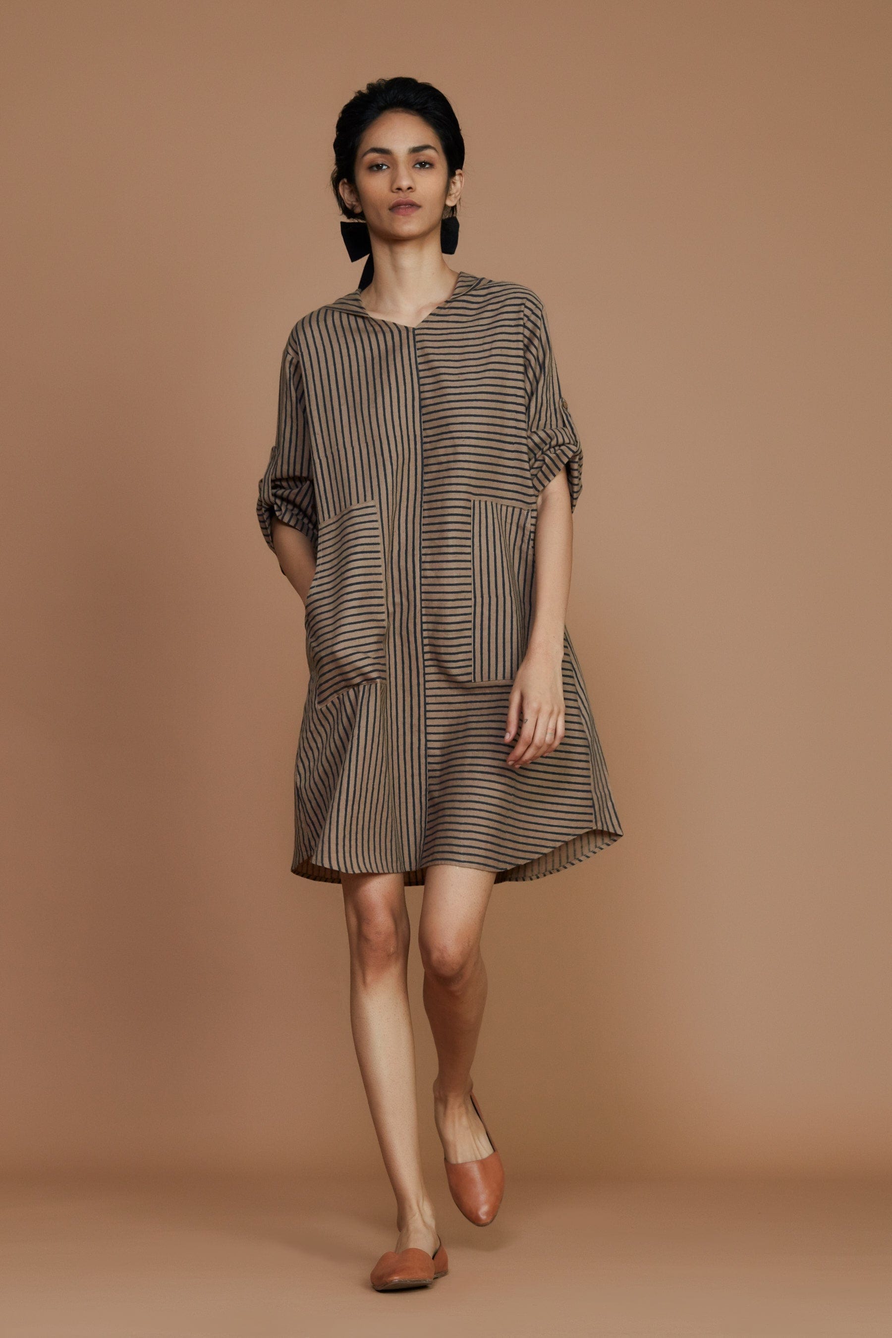 Handcrafted from Handwoven Organic Cotton Striped Brown Hooded Dress for Women by Sustainable Fashion Clothing Label MATI