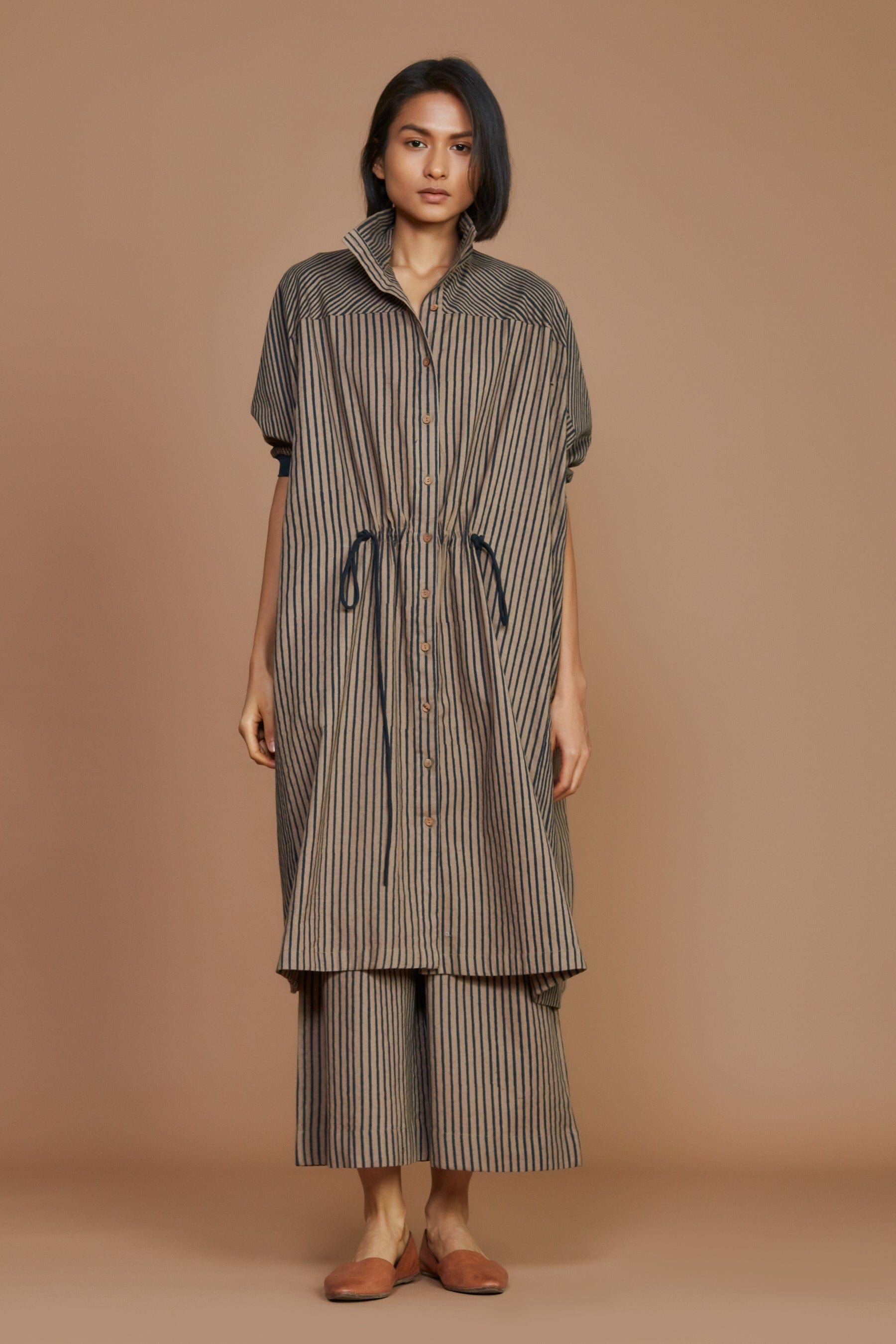 Handcrafted from Handwoven Organic Cotton, Striped Brown Kaftan Dress for Women by Sustainable Fashion Clothing Label MATI