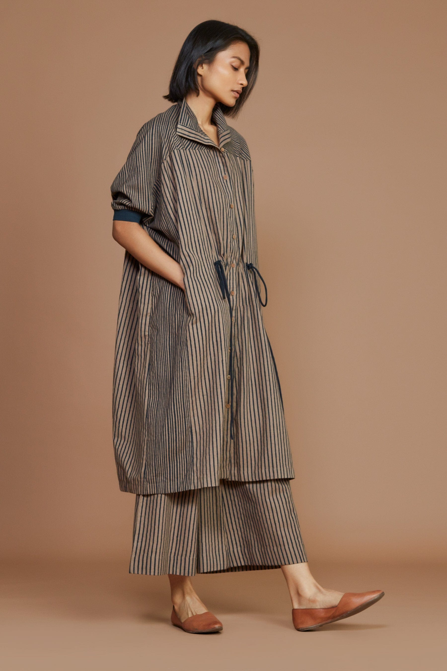 Handcrafted from Handwoven Organic Cotton, Striped Brown Kaftan Dress for Women by Sustainable Fashion Clothing Label MATI