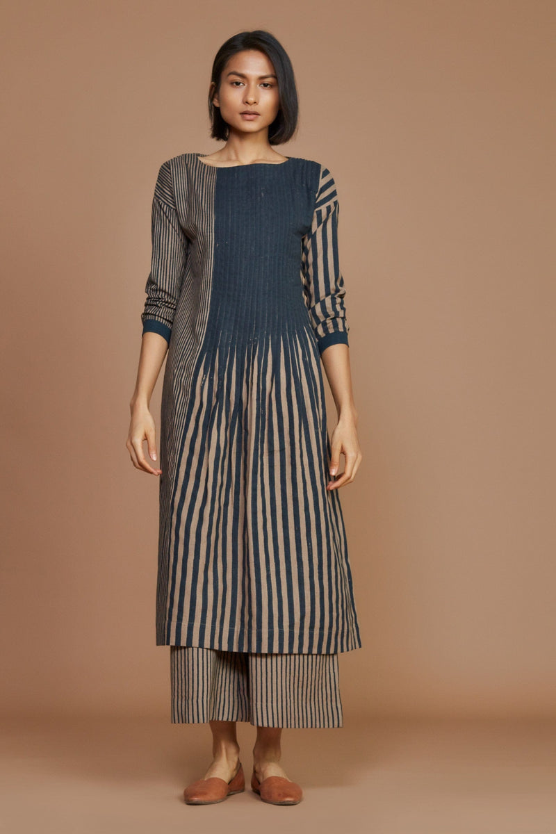 Mati Dresses Brown With Charcoal Striped Pleated  Dress