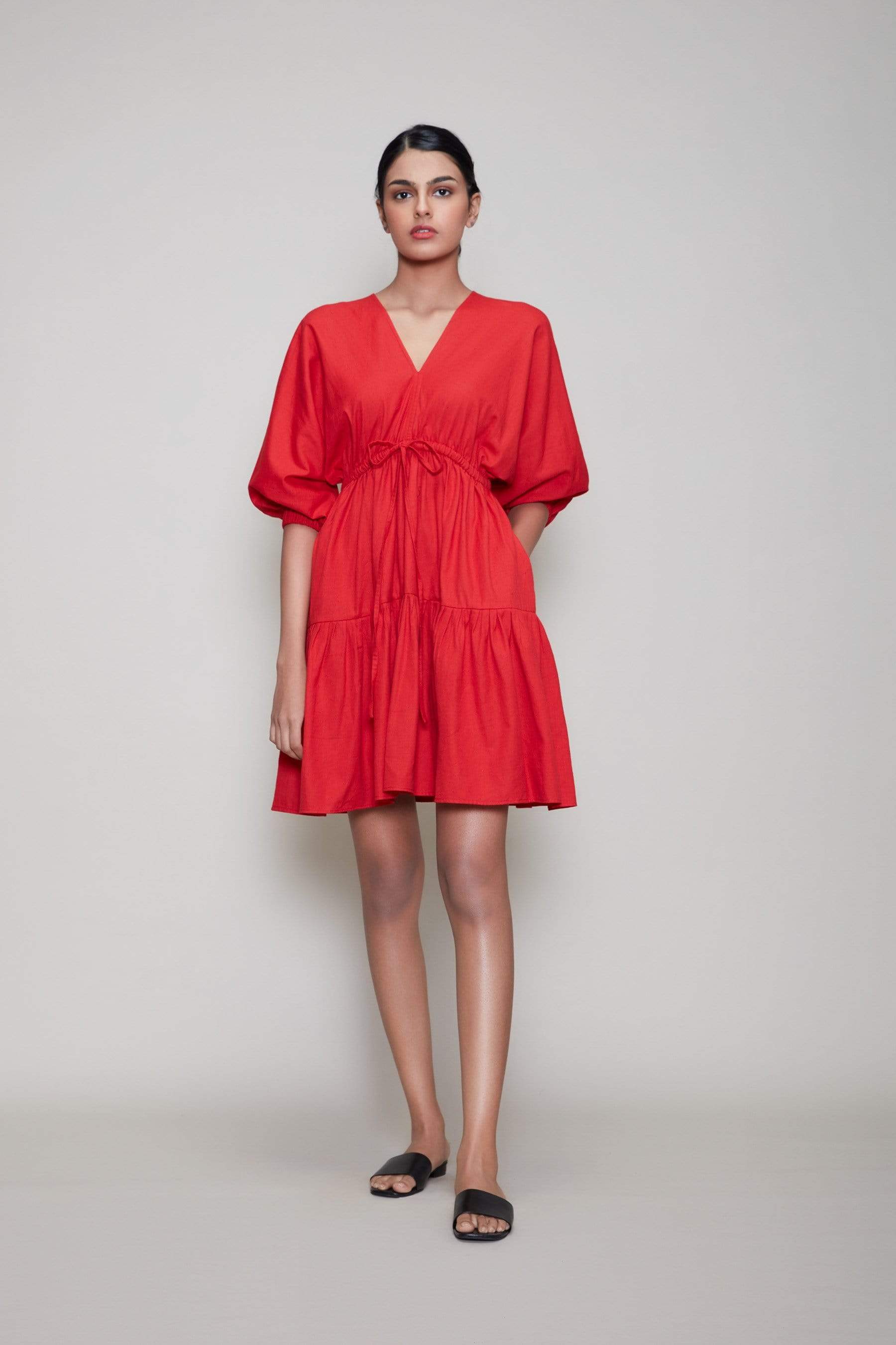 Handcrafted from Handwoven Organic Cotton, Short Tiered Red Dress for Women by Sustainable Fashion Designer Clothing Label MATI