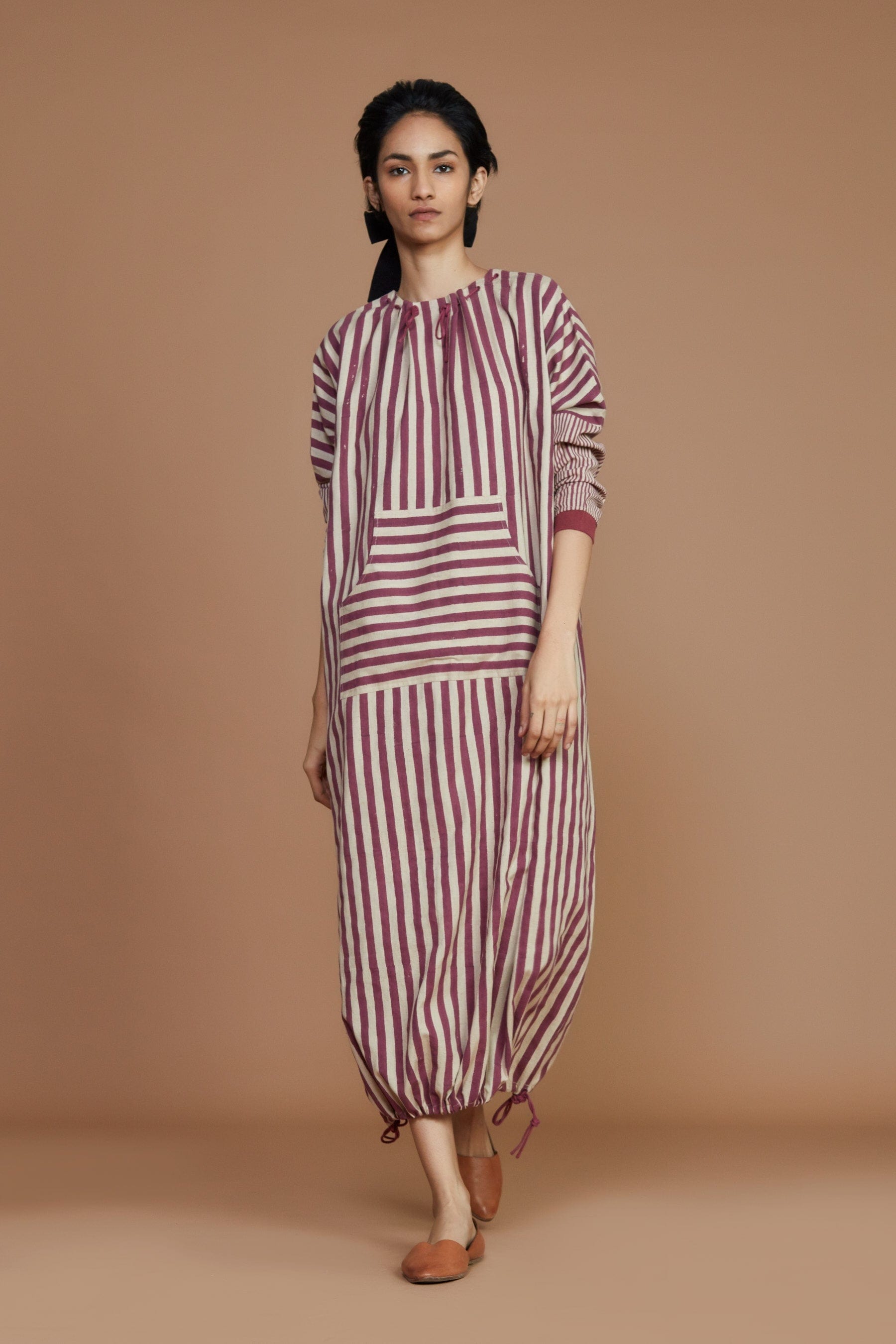 Handcrafted from Handwoven Organic Cotton Striped Mauve Pink Drawstring Dress for Women by Sustainable Fashion Clothing Label MATI