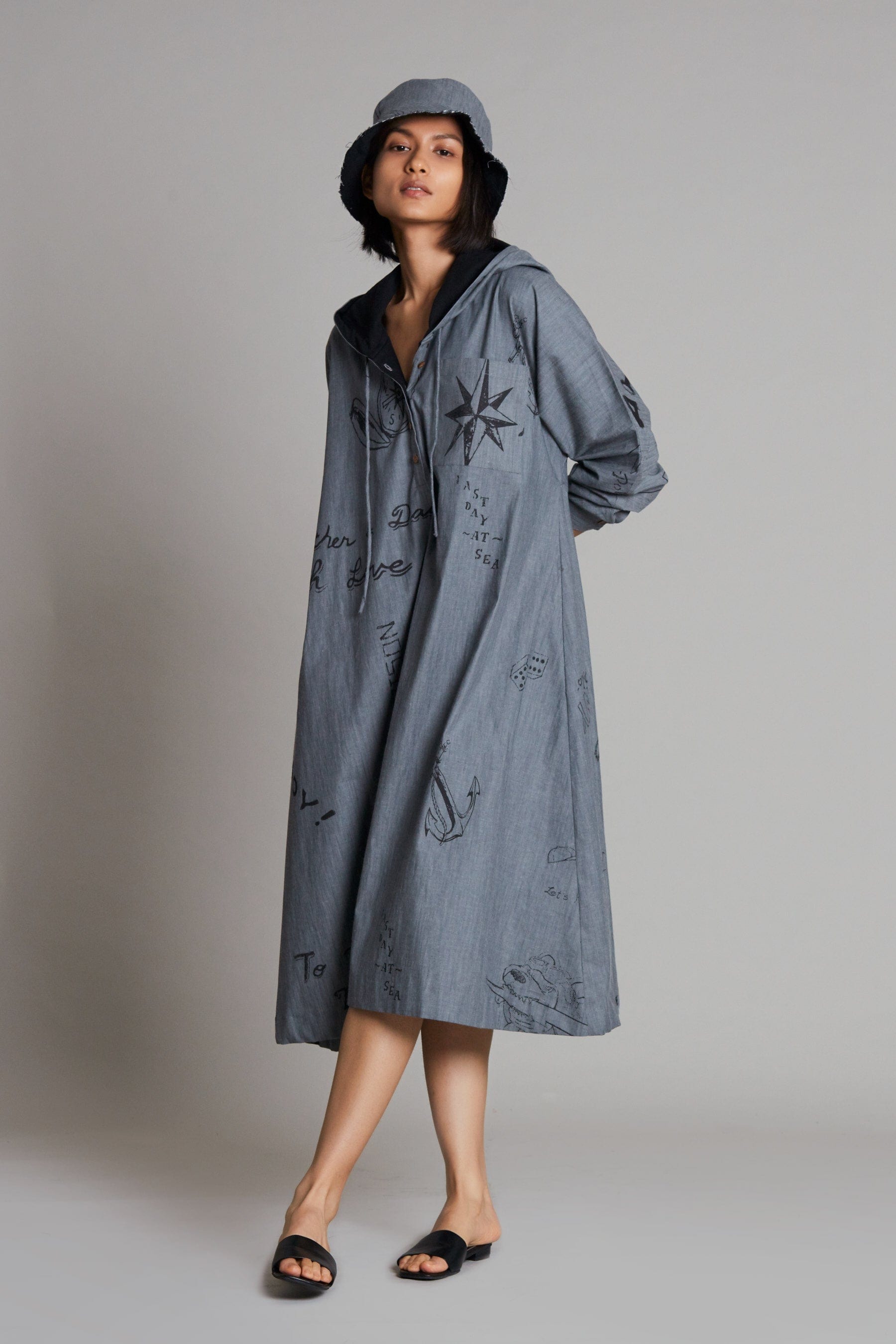 Mati Dresses Grey Denim Hoodie Dress