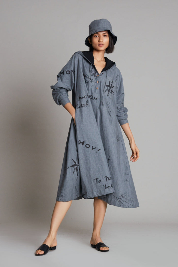 Mati Dresses Grey Denim Hoodie Dress