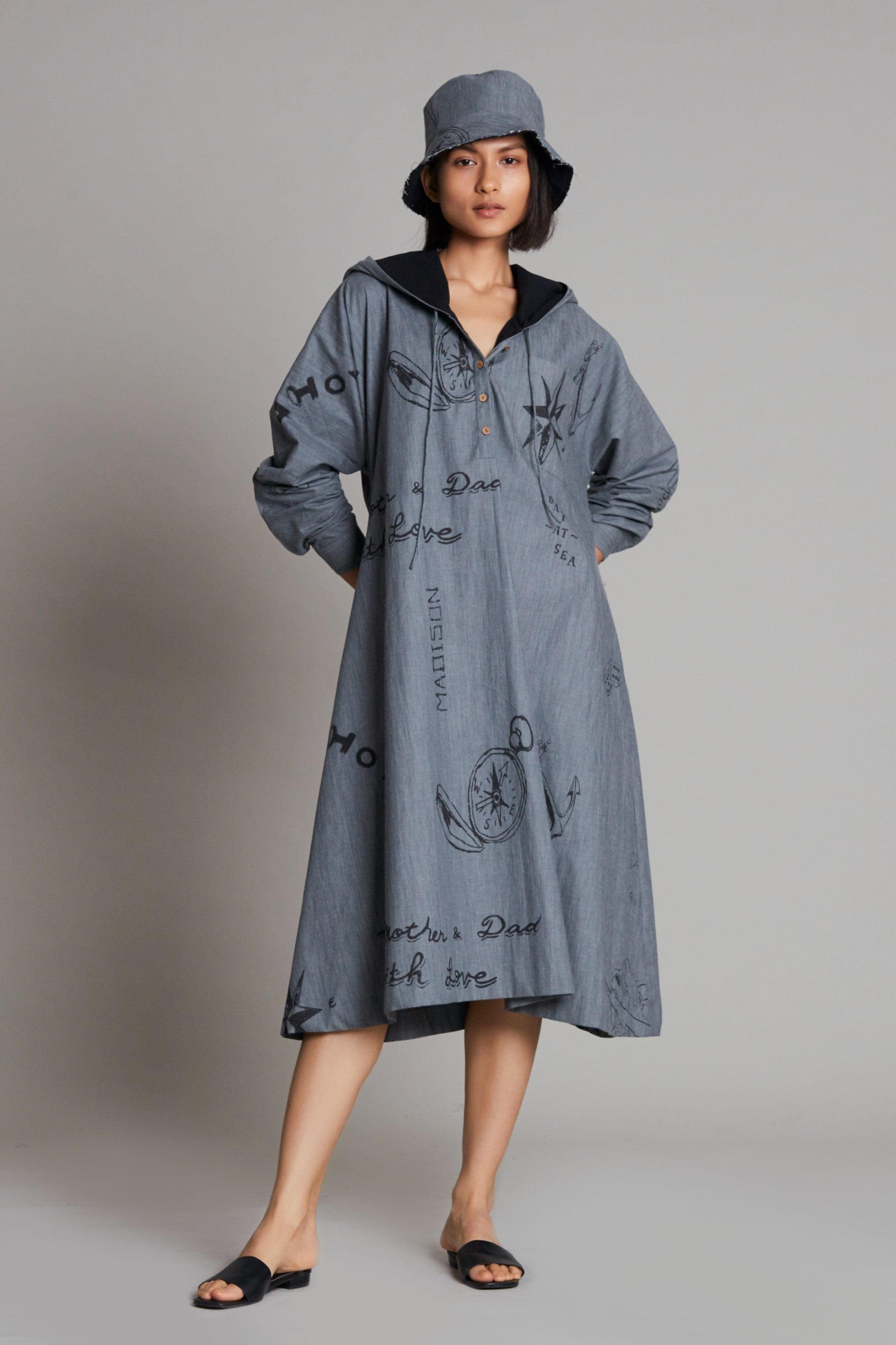 Mati Dresses Grey Denim Hoodie Dress