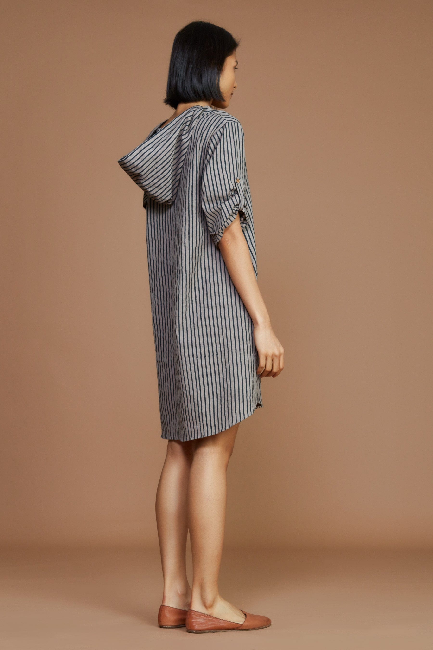 Handcrafted from Handwoven Organic Cotton Striped Gray Hooded Dress for Women by Sustainable Fashion Clothing Label MATI