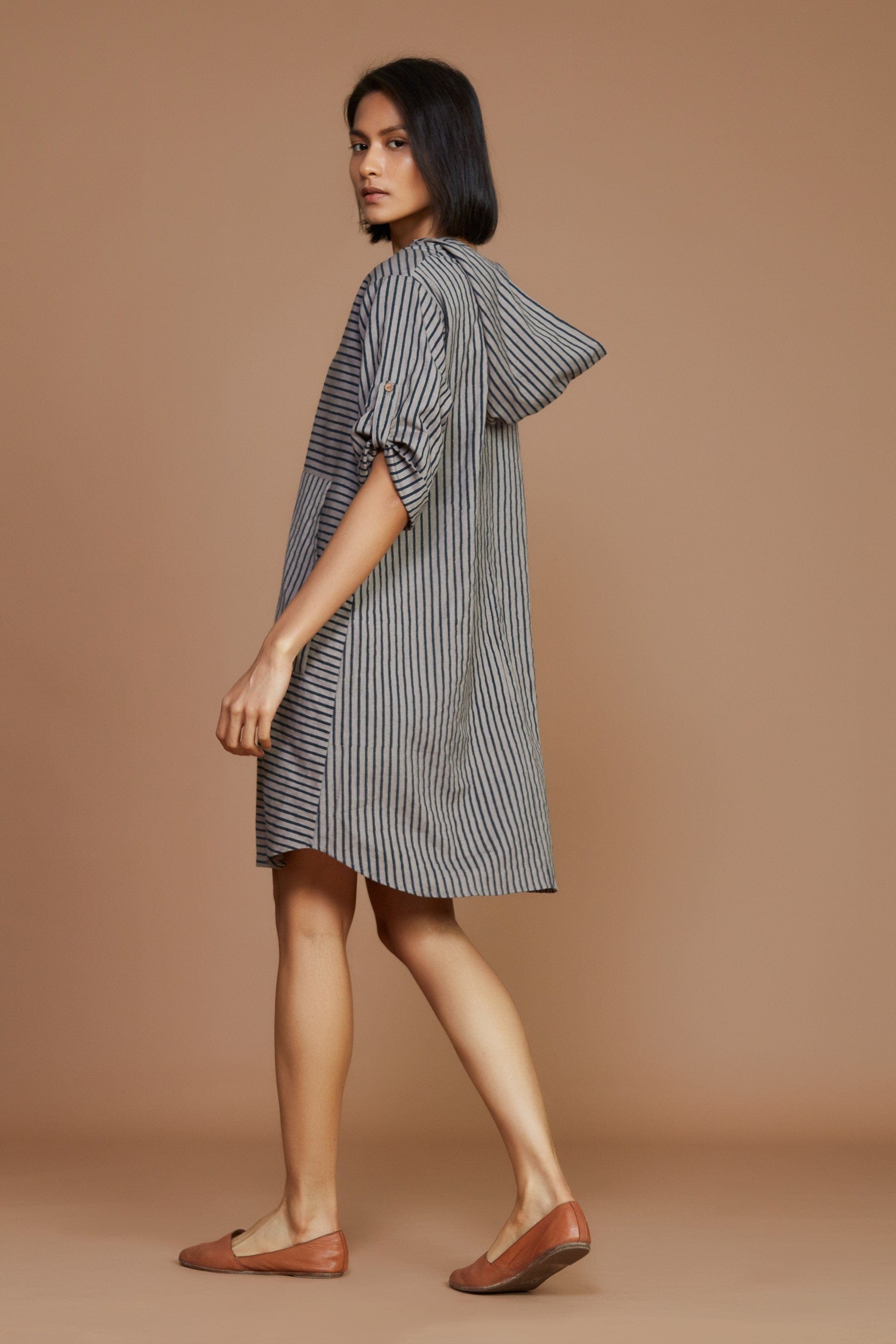 Handcrafted from Handwoven Organic Cotton Striped Gray Hooded Dress for Women by Sustainable Fashion Clothing Label MATI