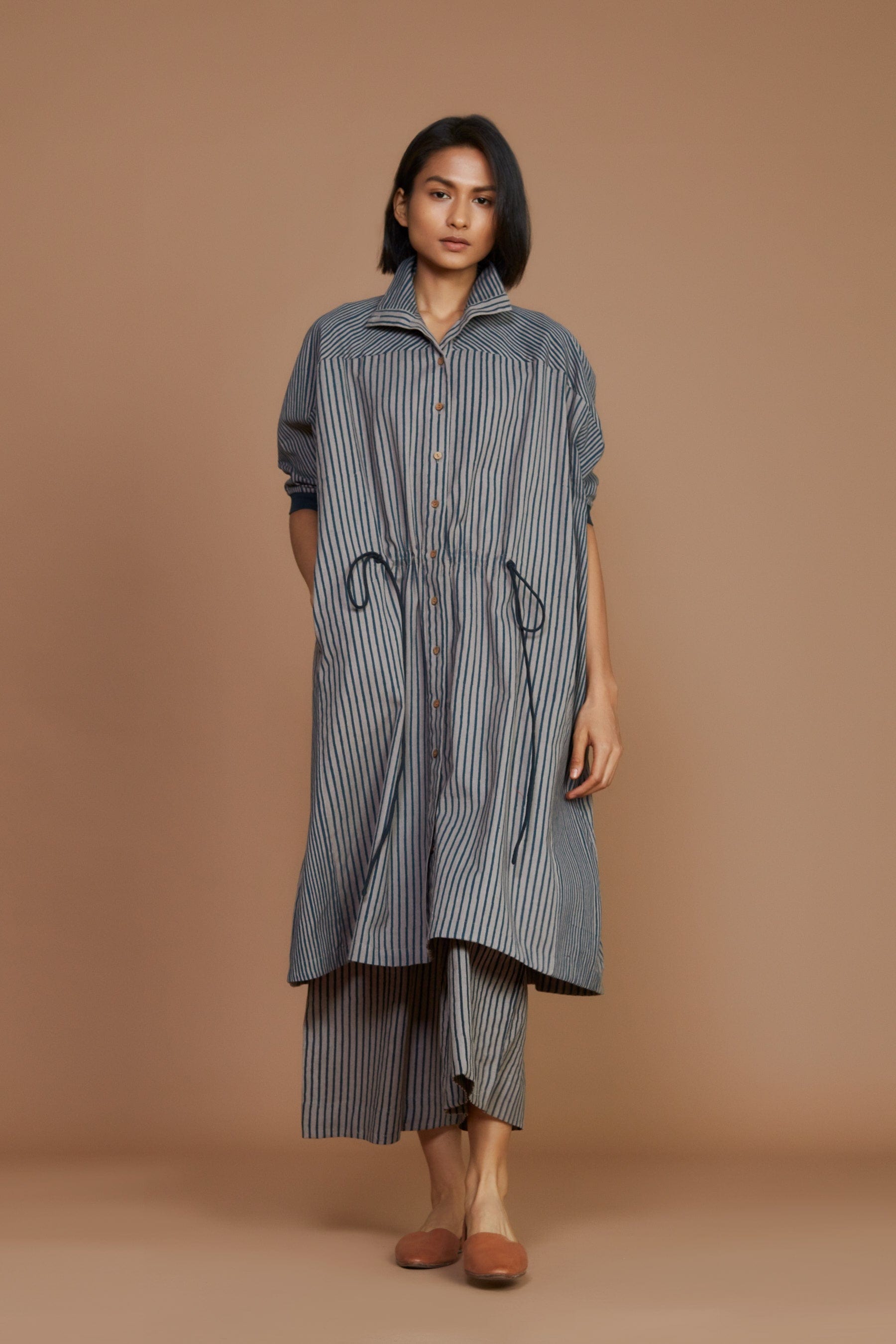 Handcrafted from Handwoven Organic Cotton, Striped Gray Kaftan Dress for Women by Sustainable Fashion Clothing Label MATI