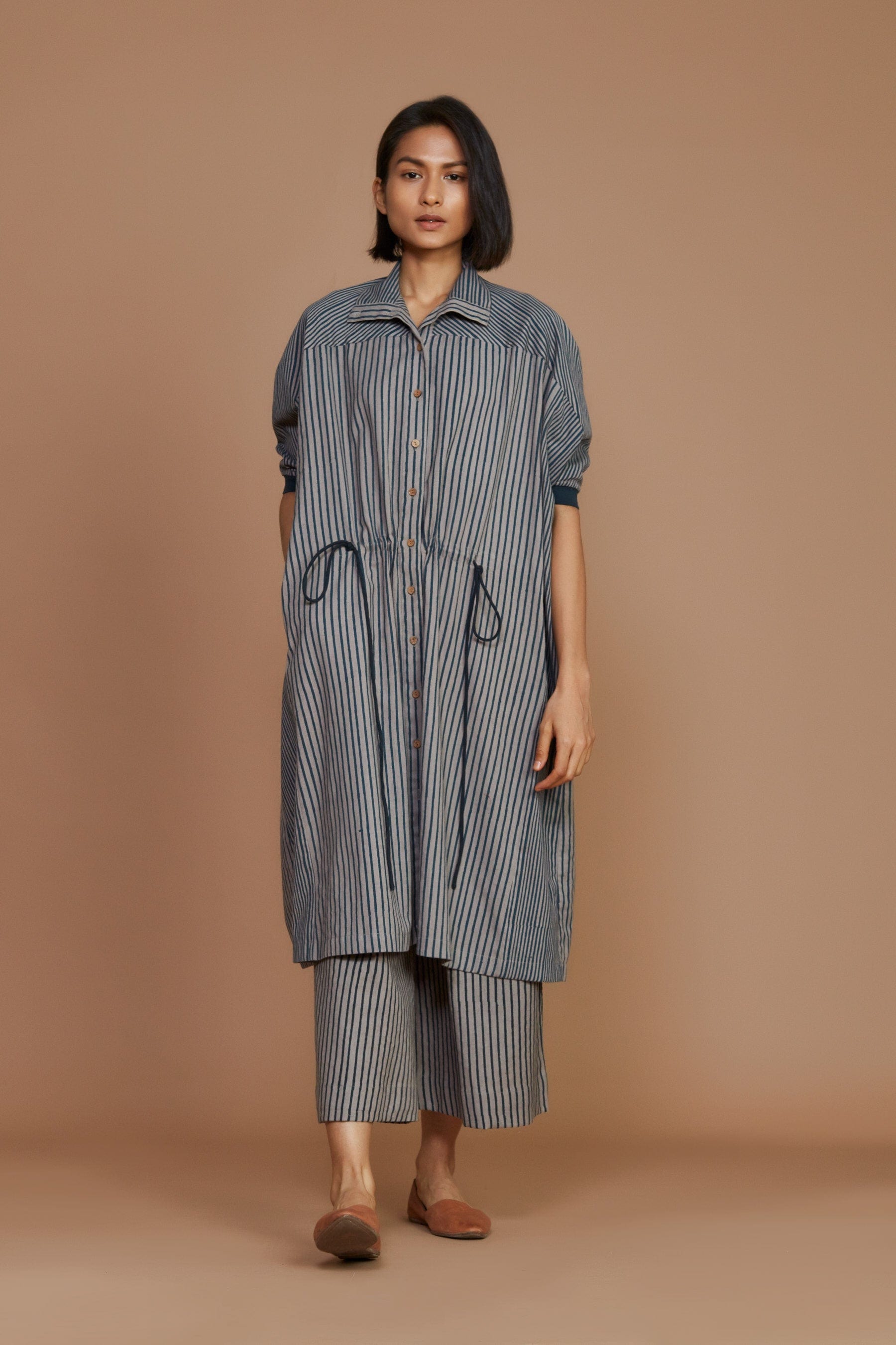 Handcrafted from Handwoven Organic Cotton, Striped Gray Kaftan Dress for Women by Sustainable Fashion Clothing Label MATI