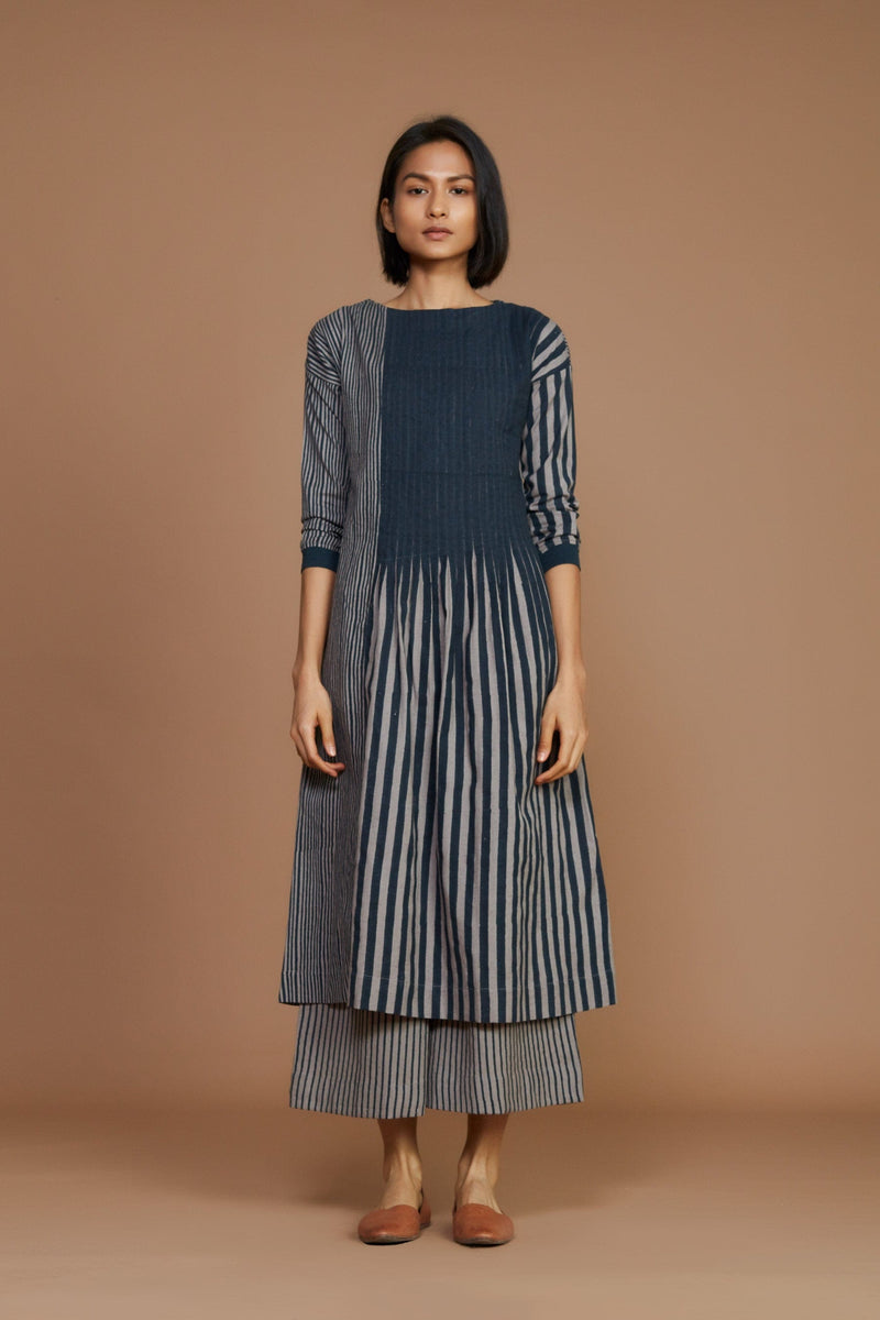 Mati Dresses Grey With Charcoal Striped Pleated  Dress
