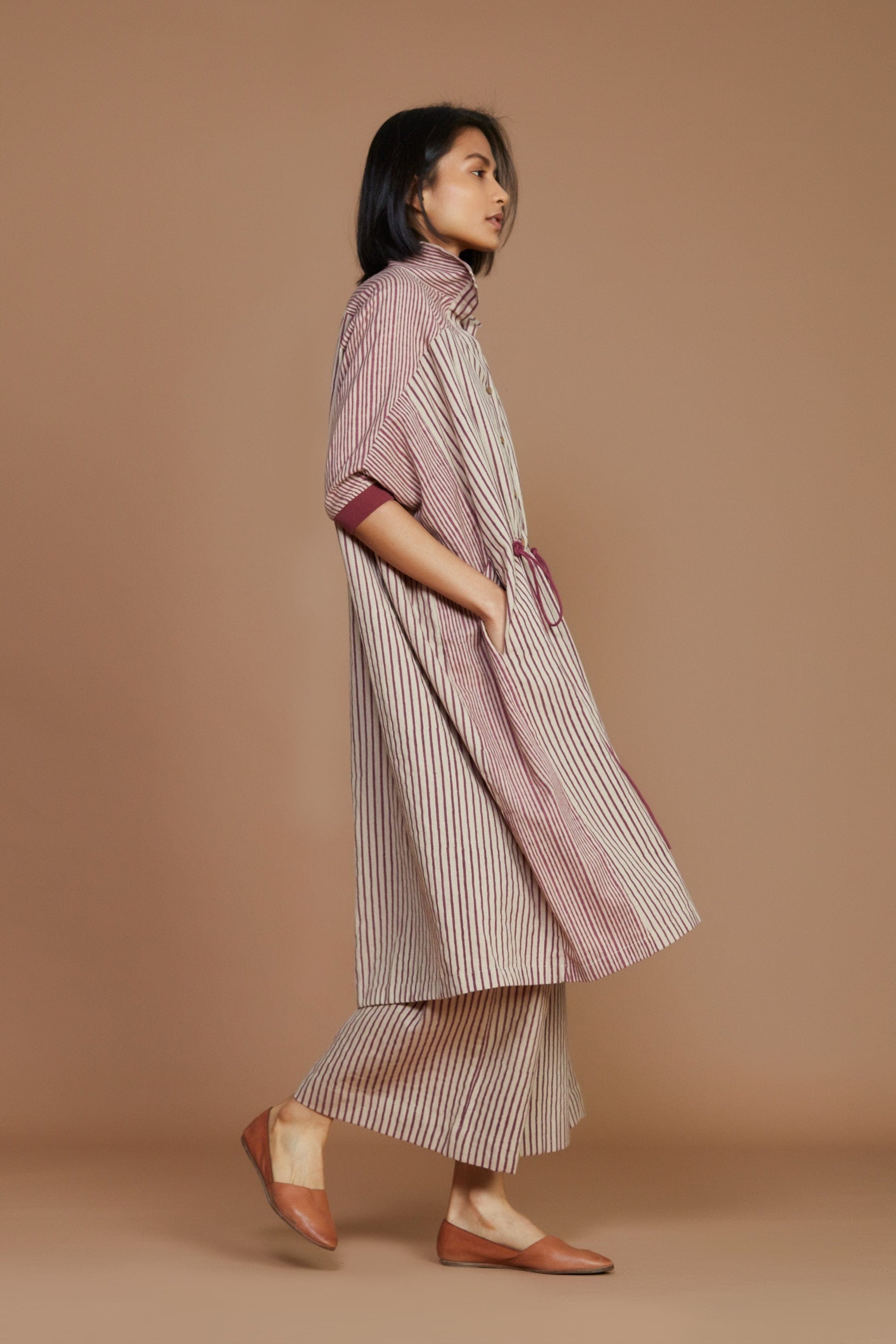 Handcrafted from Handwoven Organic Cotton, Striped Ivory with Mauve Kaftan Dress for Women by Sustainable Fashion Clothing Label MATI