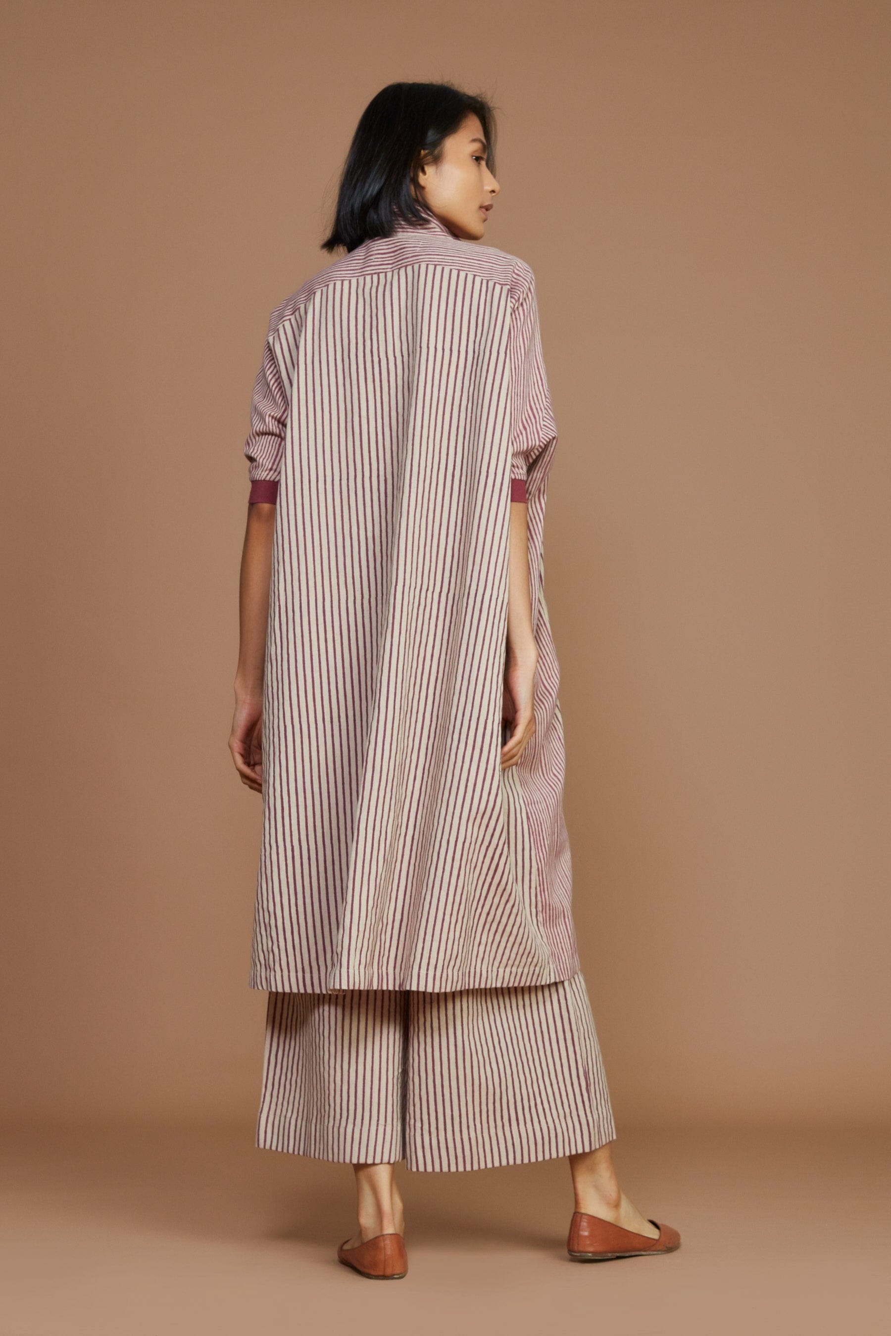 Handcrafted from Handwoven Organic Cotton, Striped Ivory with Mauve Kaftan Dress for Women by Sustainable Fashion Clothing Label MATI
