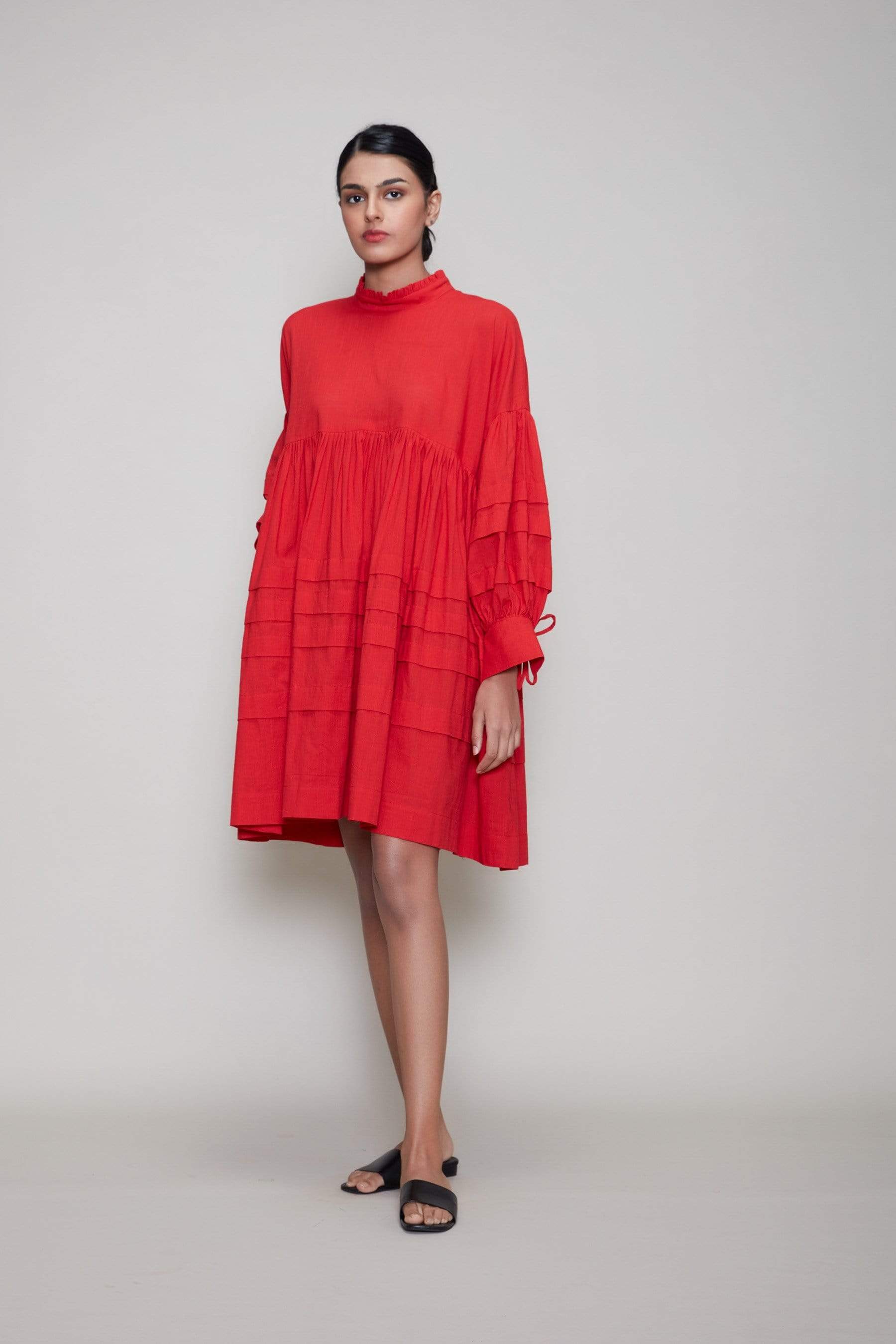 Handcrafted from Handwoven Organic Cotton, Short Flared Red Dress for Women by Sustainable Fashion Designer Clothing Label MATI