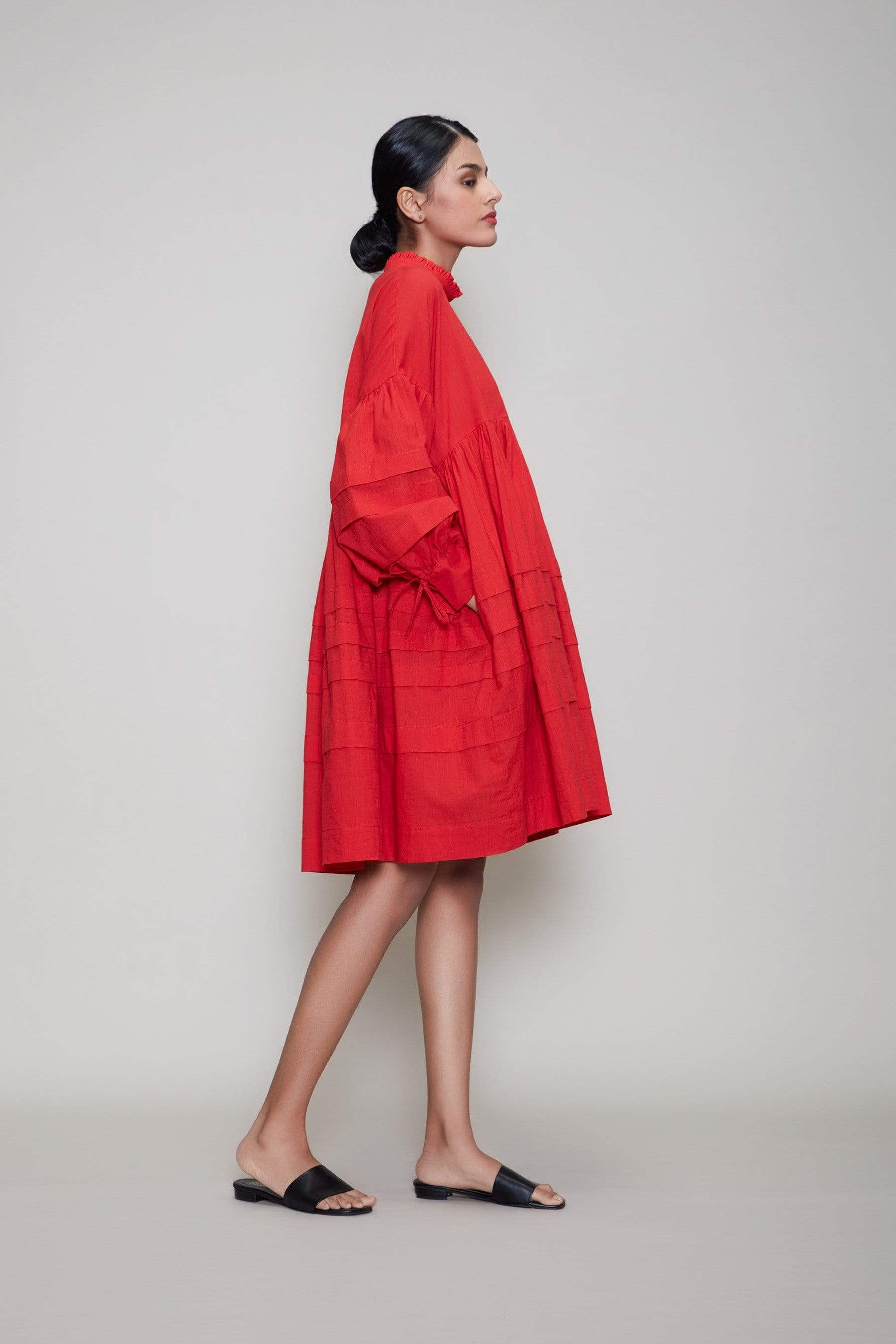 Handcrafted from Handwoven Organic Cotton, Short Flared Red Dress for Women by Sustainable Fashion Designer Clothing Label MATI