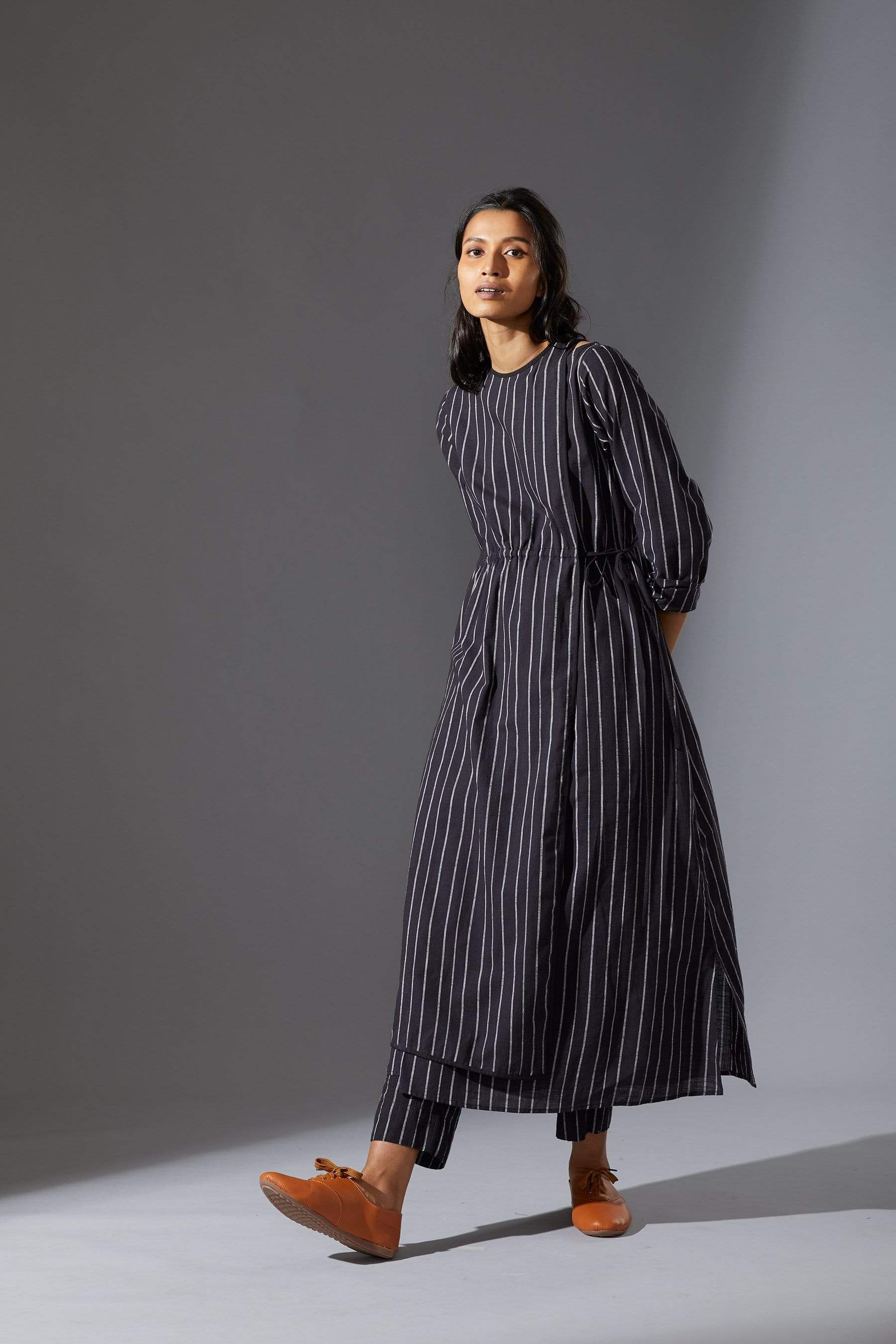 Handcrafted from Handwoven Organic Cotton, Striped Black Overlap Tunic Dress for Women by Sustainable Fashion Designer Clothing Label MATI