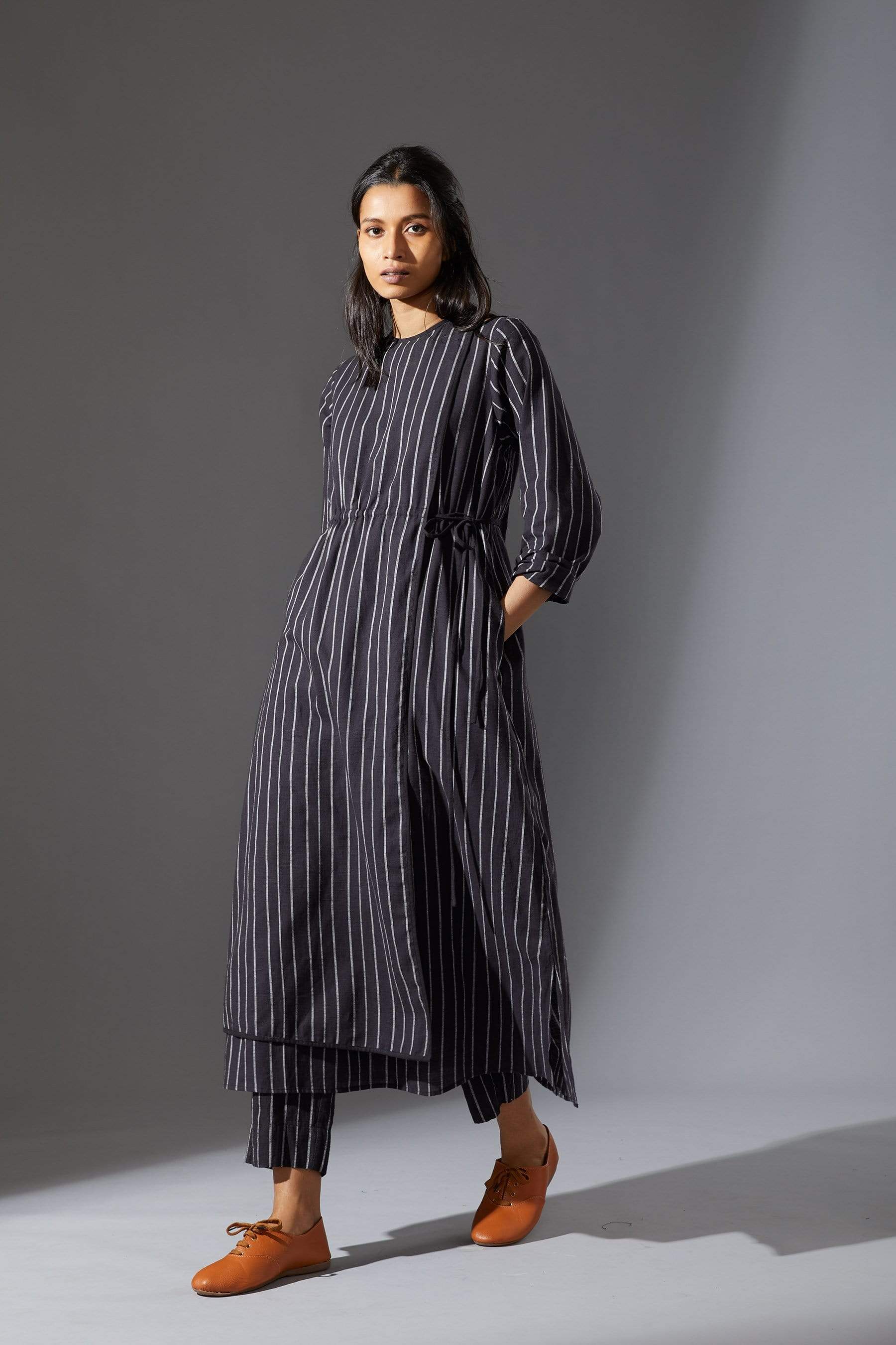 Handcrafted from Handwoven Organic Cotton, Striped Black Overlap Tunic Dress for Women by Sustainable Fashion Designer Clothing Label MATI