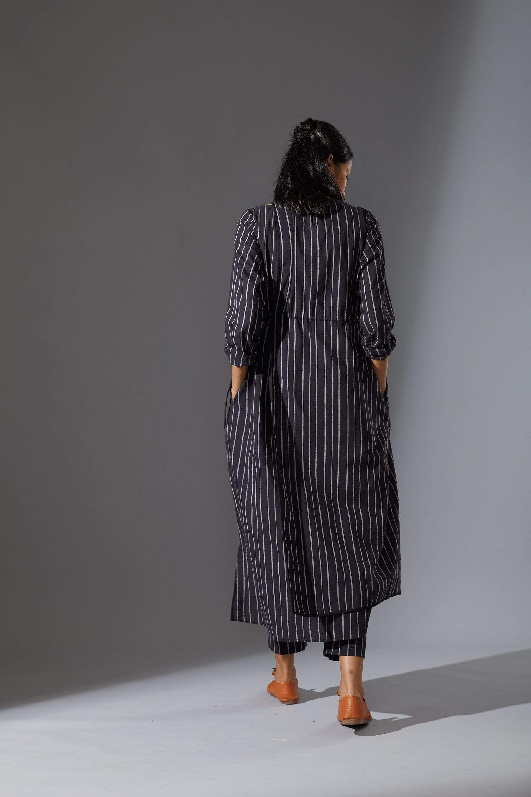 Handcrafted from Handwoven Organic Cotton, Striped Black Overlap Tunic Dress for Women by Sustainable Fashion Designer Clothing Label MATI
