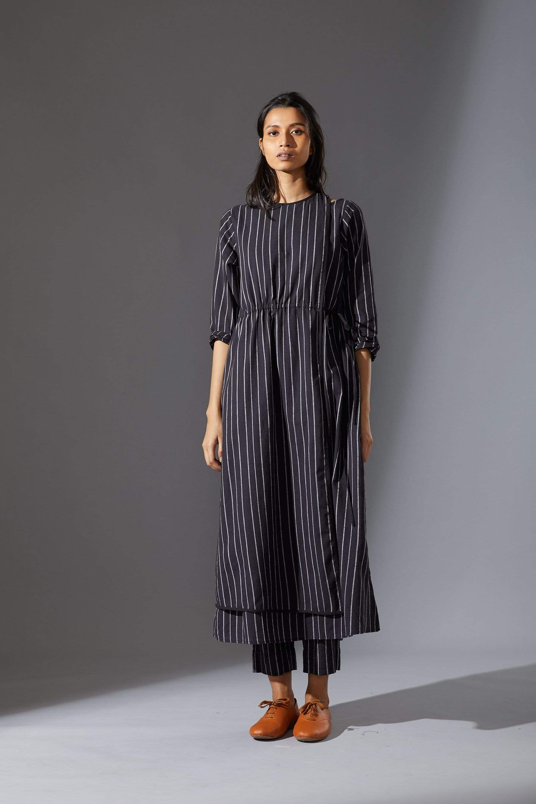 Handcrafted from Handwoven Organic Cotton, Striped Black Overlap Tunic Dress for Women by Sustainable Fashion Designer Clothing Label MATI