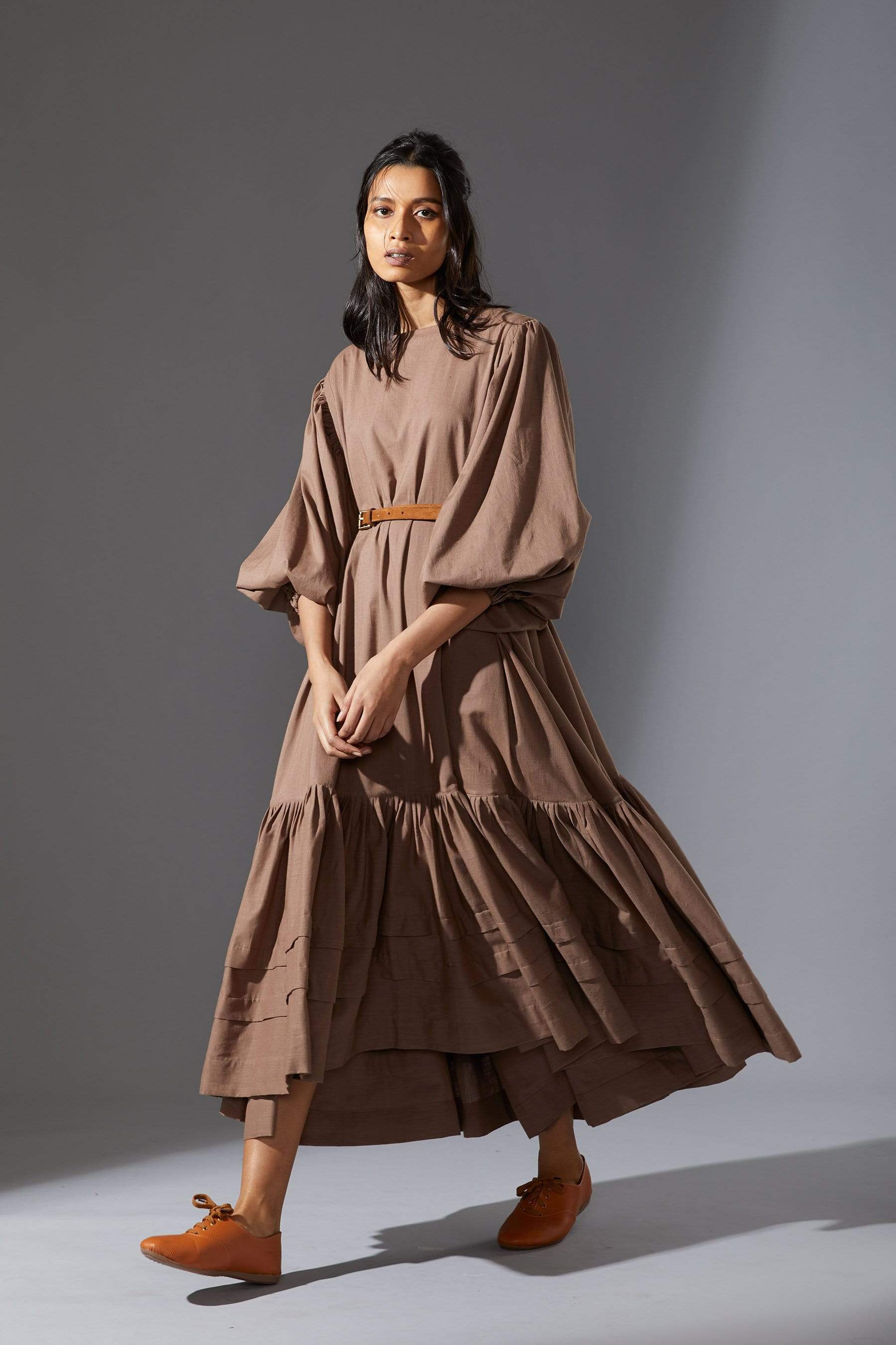 Handcrafted from Handwoven Organic Cotton, Beige Flared Oversized Dresses for Women by Sustainable Fashion Designer Clothing Label MATI