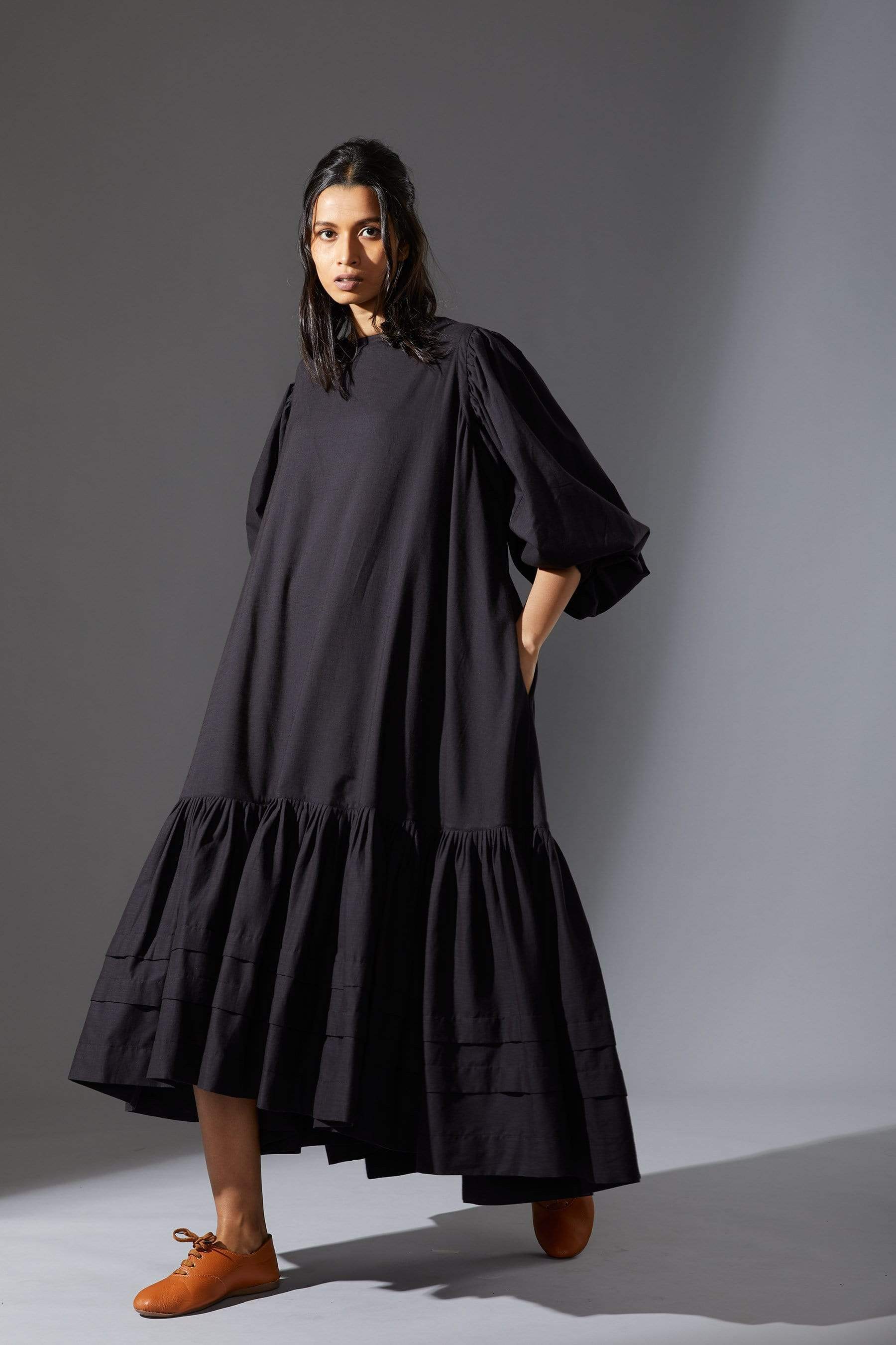 Handcrafted from Handwoven Organic Cotton, Black Flared Oversized Dresses for Women by Sustainable Fashion Designer Clothing Label MATI