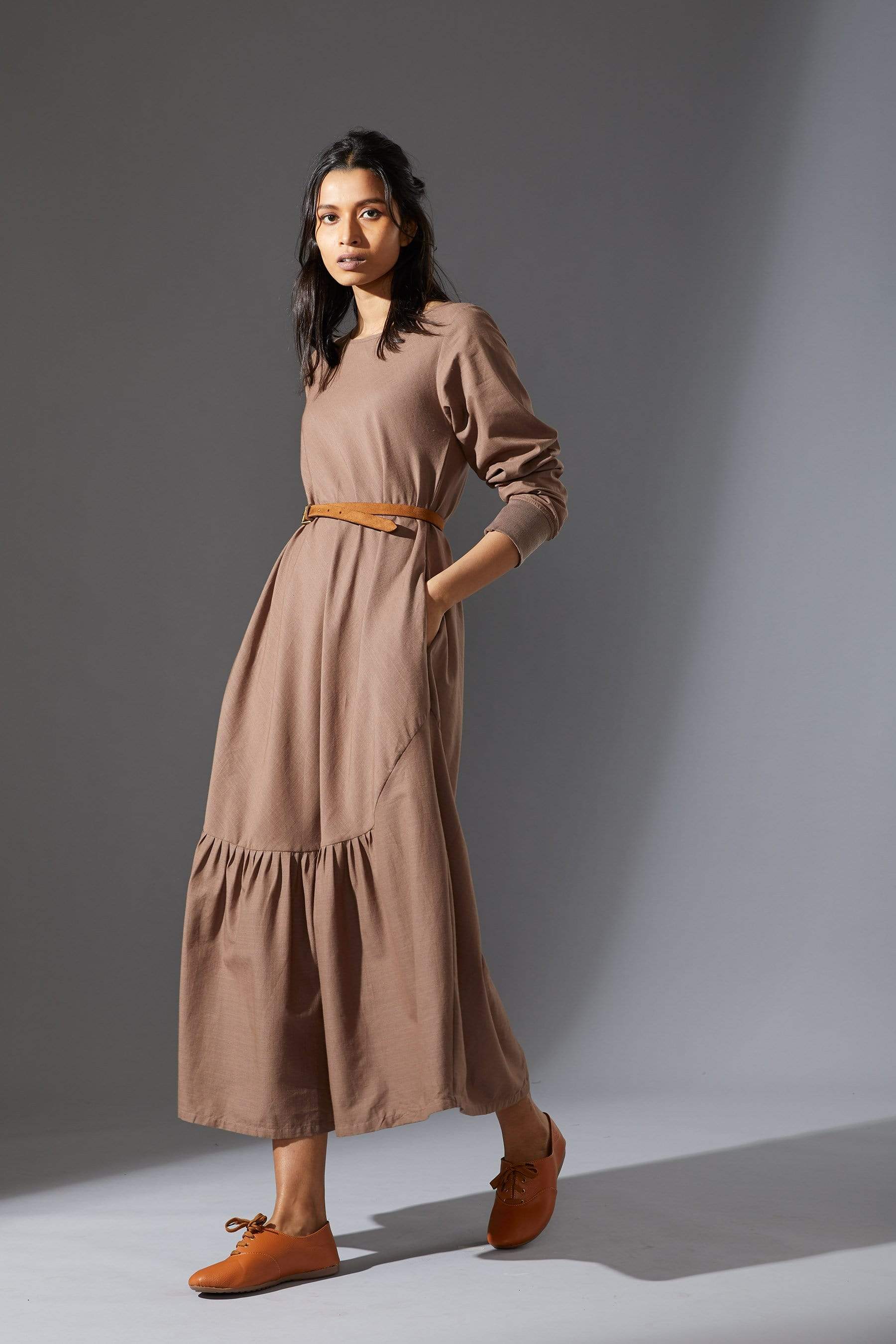 Handcrafted from Handwoven Organic Cotton, Beige A-Line Dresses for Women by Sustainable Fashion Designer Clothing Label MATI