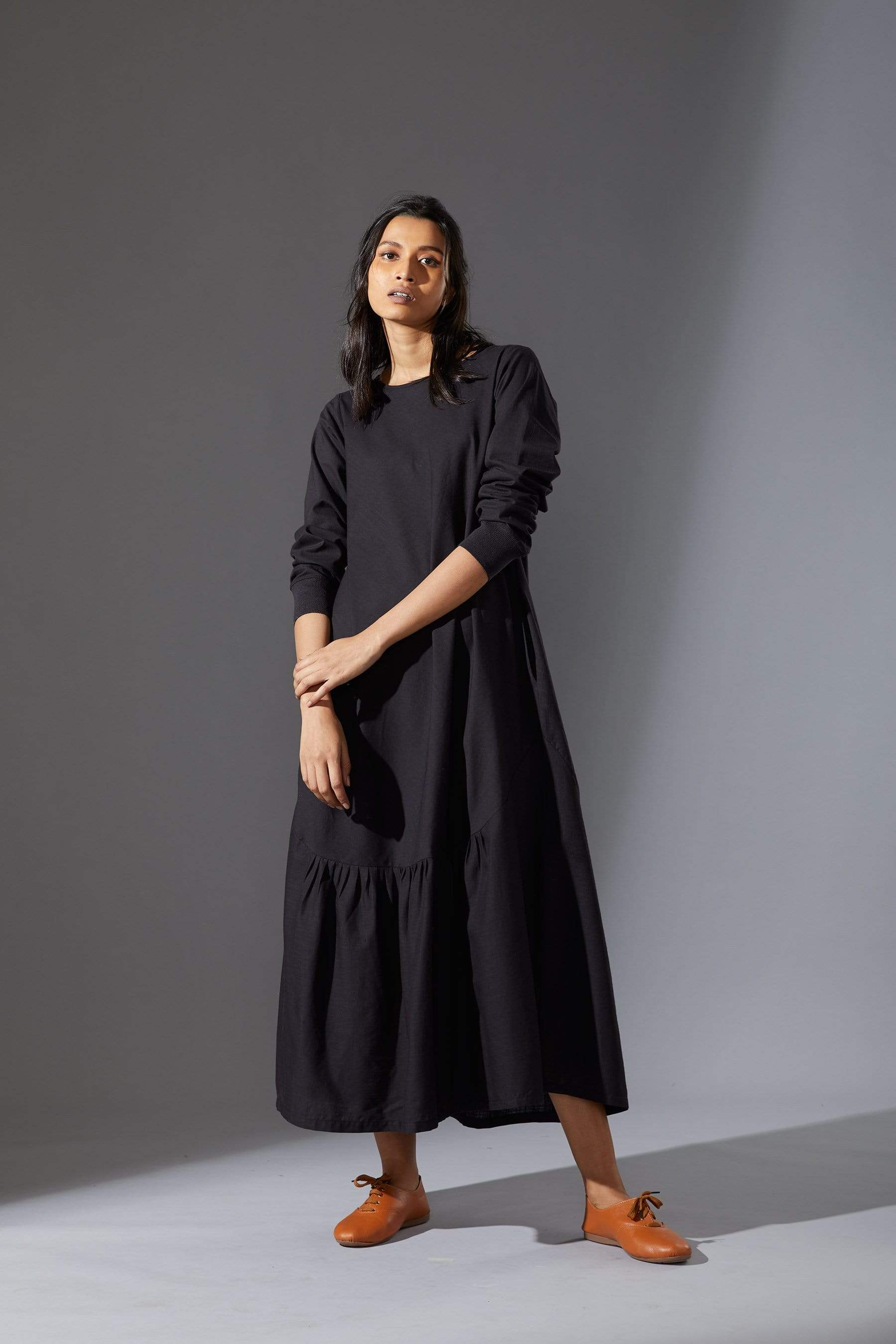 Handcrafted from Handwoven Organic Cotton, Black A-Line Dresses for Women by Sustainable Fashion Designer Clothing Label MATI