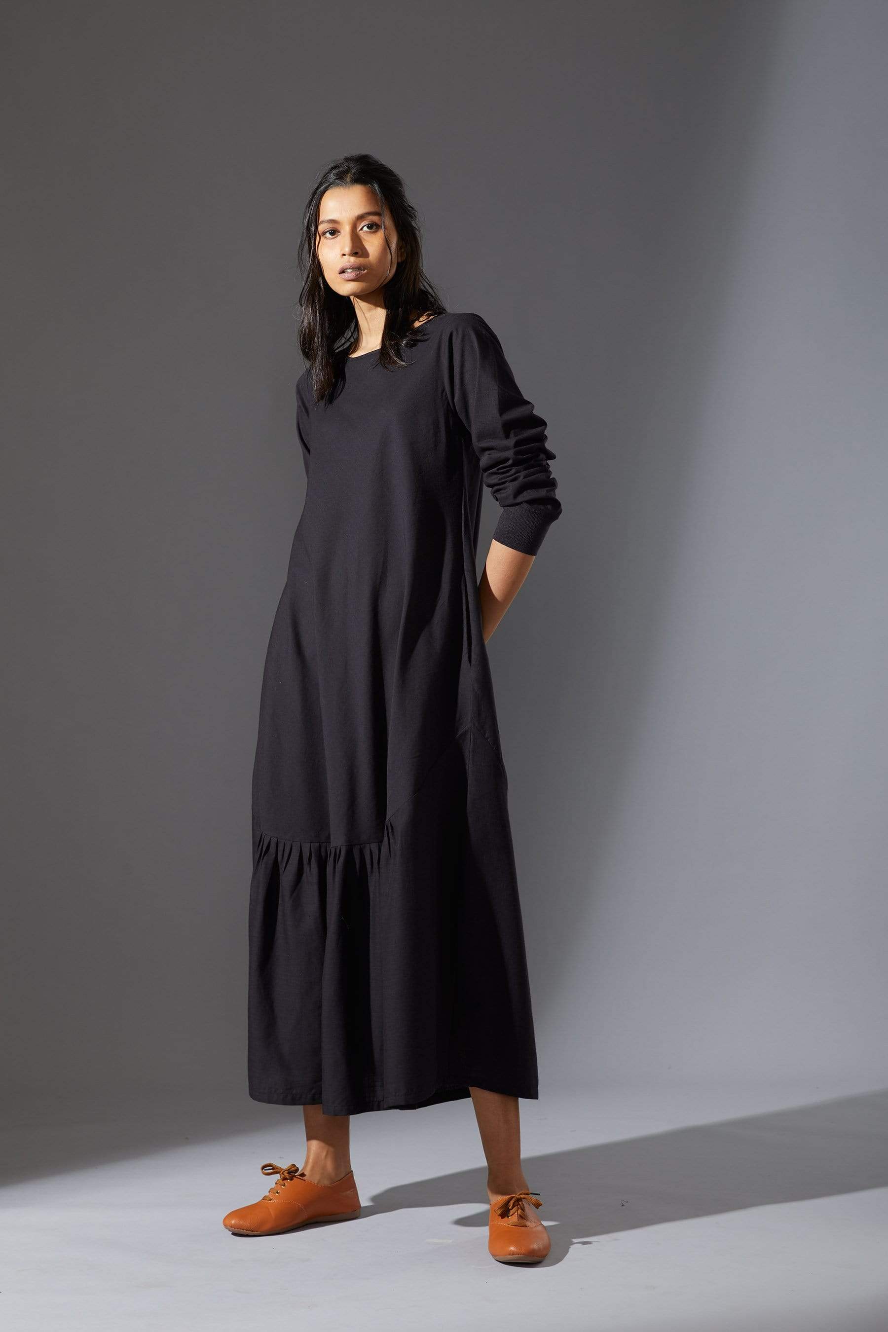 Handcrafted from Handwoven Organic Cotton, Black A-Line Dresses for Women by Sustainable Fashion Designer Clothing Label MATI