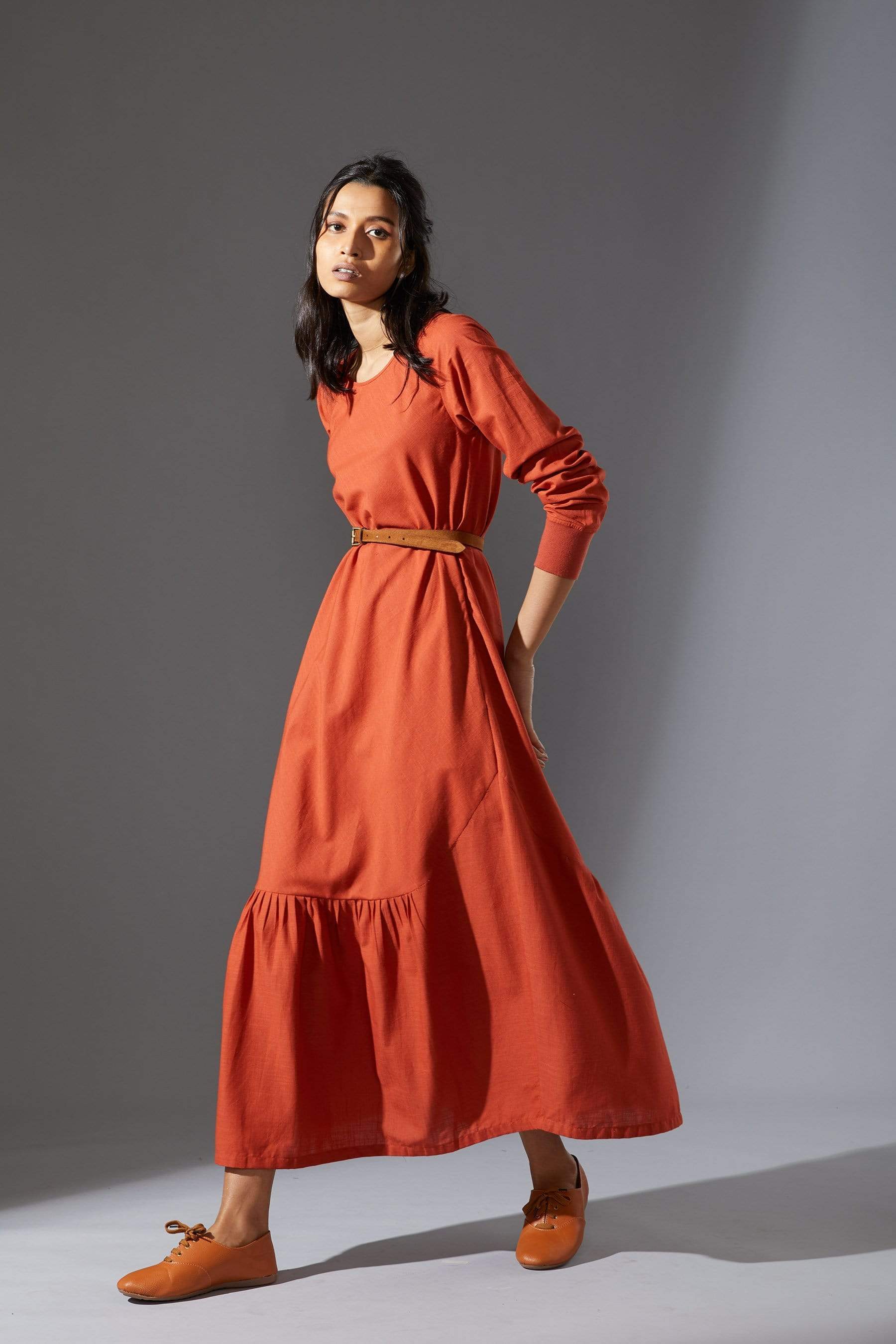 Handcrafted from Handwoven Organic Cotton, Rust A-Line Dresses for Women by Sustainable Fashion Designer Clothing Label MATI