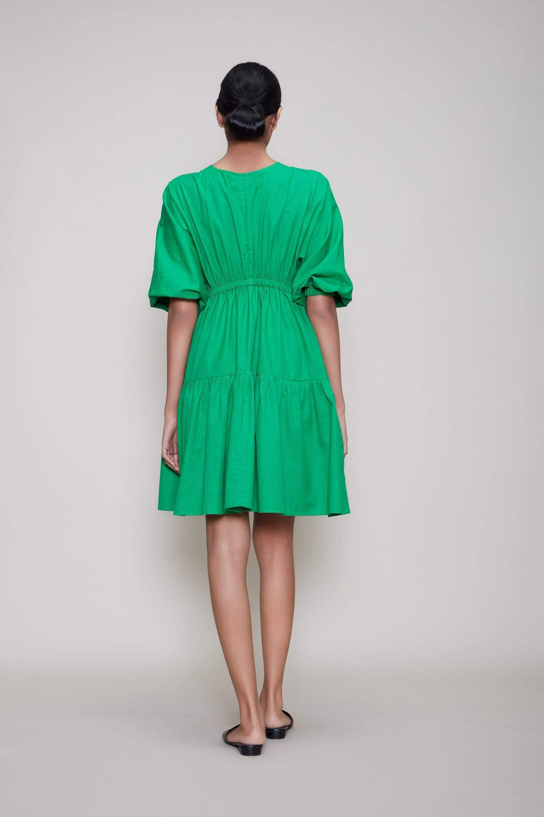 Handcrafted from Handwoven Organic Cotton, Short Tiered Green Dress for Women by Sustainable Fashion Designer Clothing Label MATI